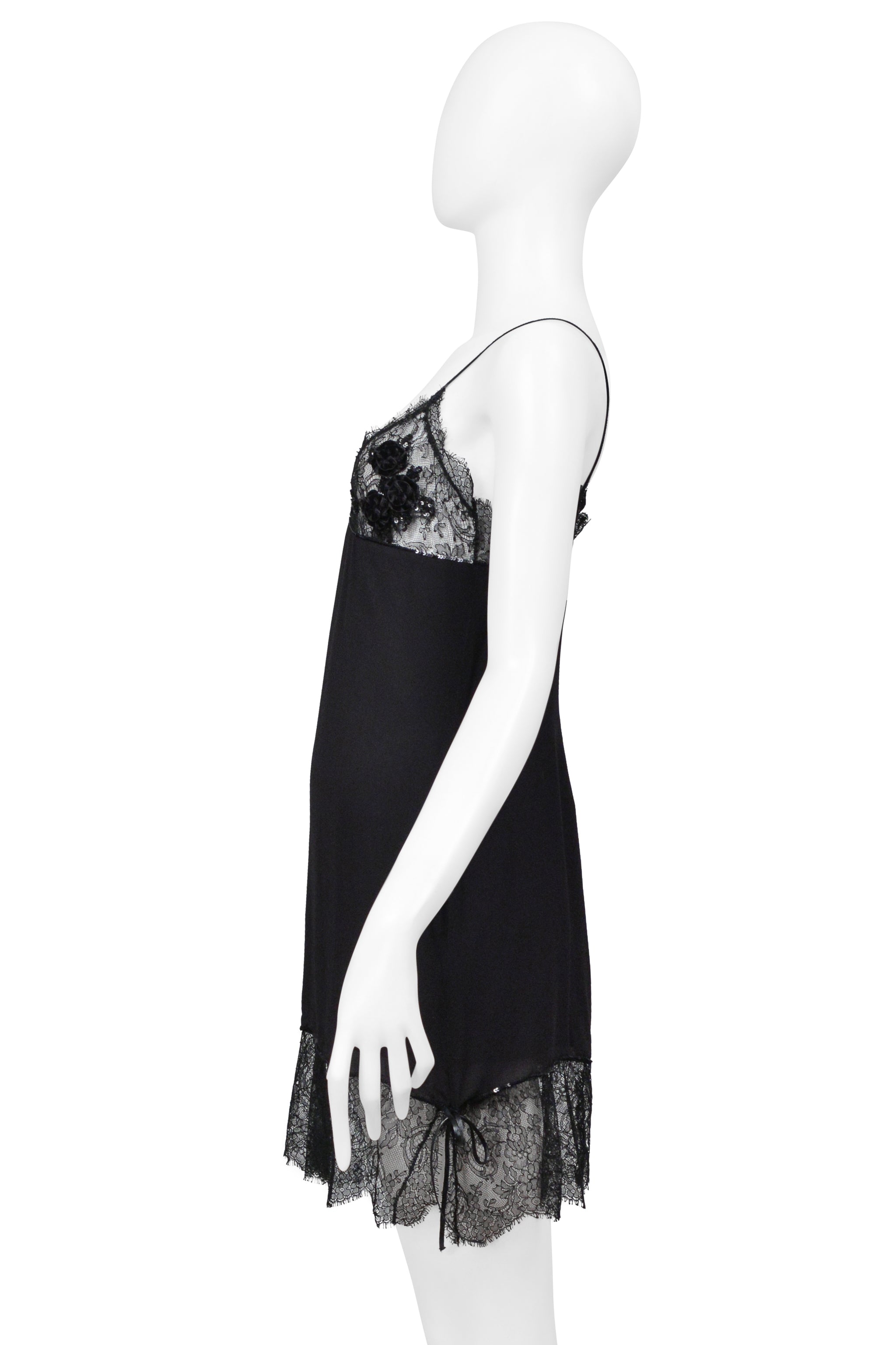 BLUMARINE BLACK LACE AND FLORAL EMBROIDERED & BEADED SLIP DRESS 1998