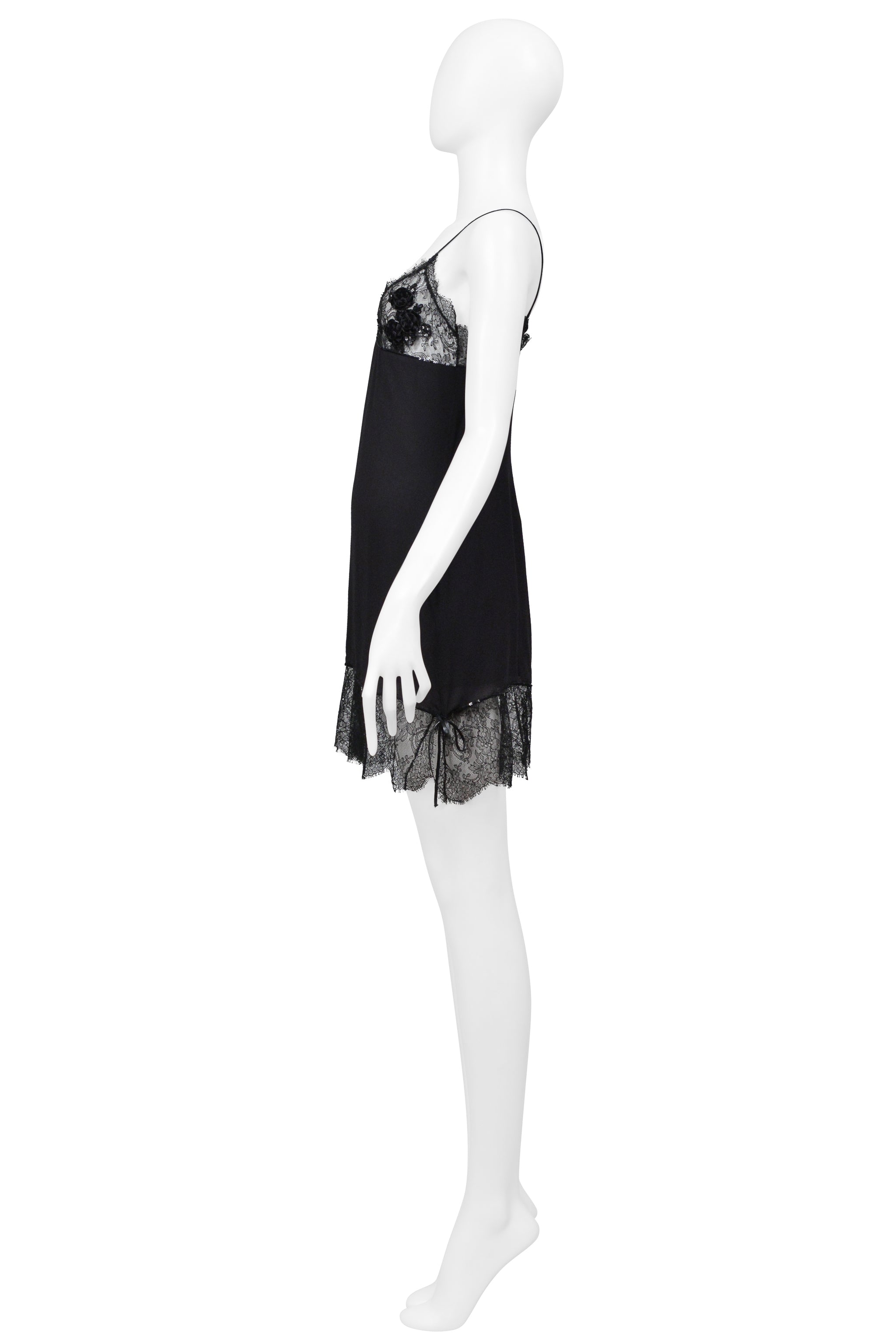 BLUMARINE BLACK LACE AND FLORAL EMBROIDERED & BEADED SLIP DRESS 1998