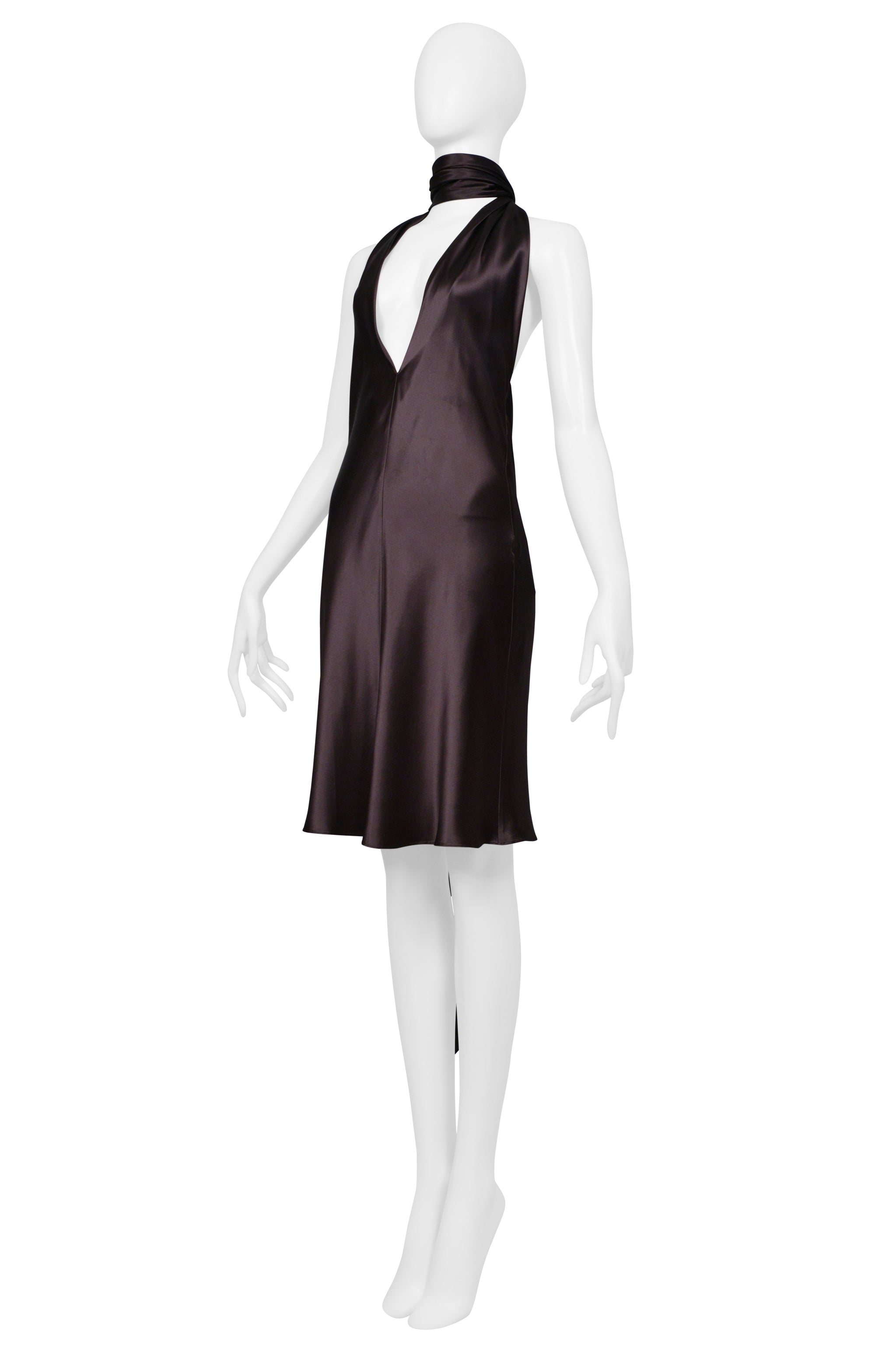 DOLCE & GABBANA BROWN SATIN HALTER DRESS WITH NECK TIES 2002