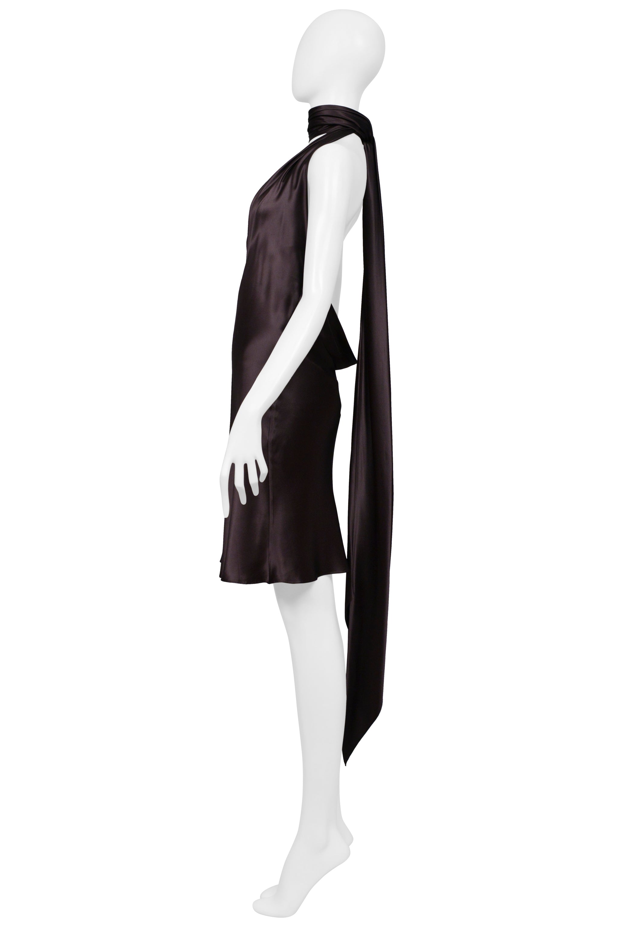 DOLCE & GABBANA BROWN SATIN HALTER DRESS WITH NECK TIES 2002