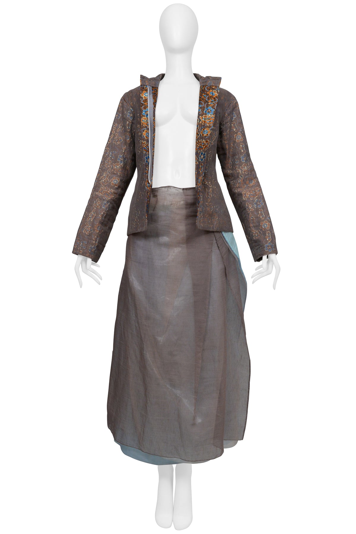 ISSEY MIYAKE BROWN JACKET AND SKIRT ENSEMBLE WITH KASHMIR PRINT 2001