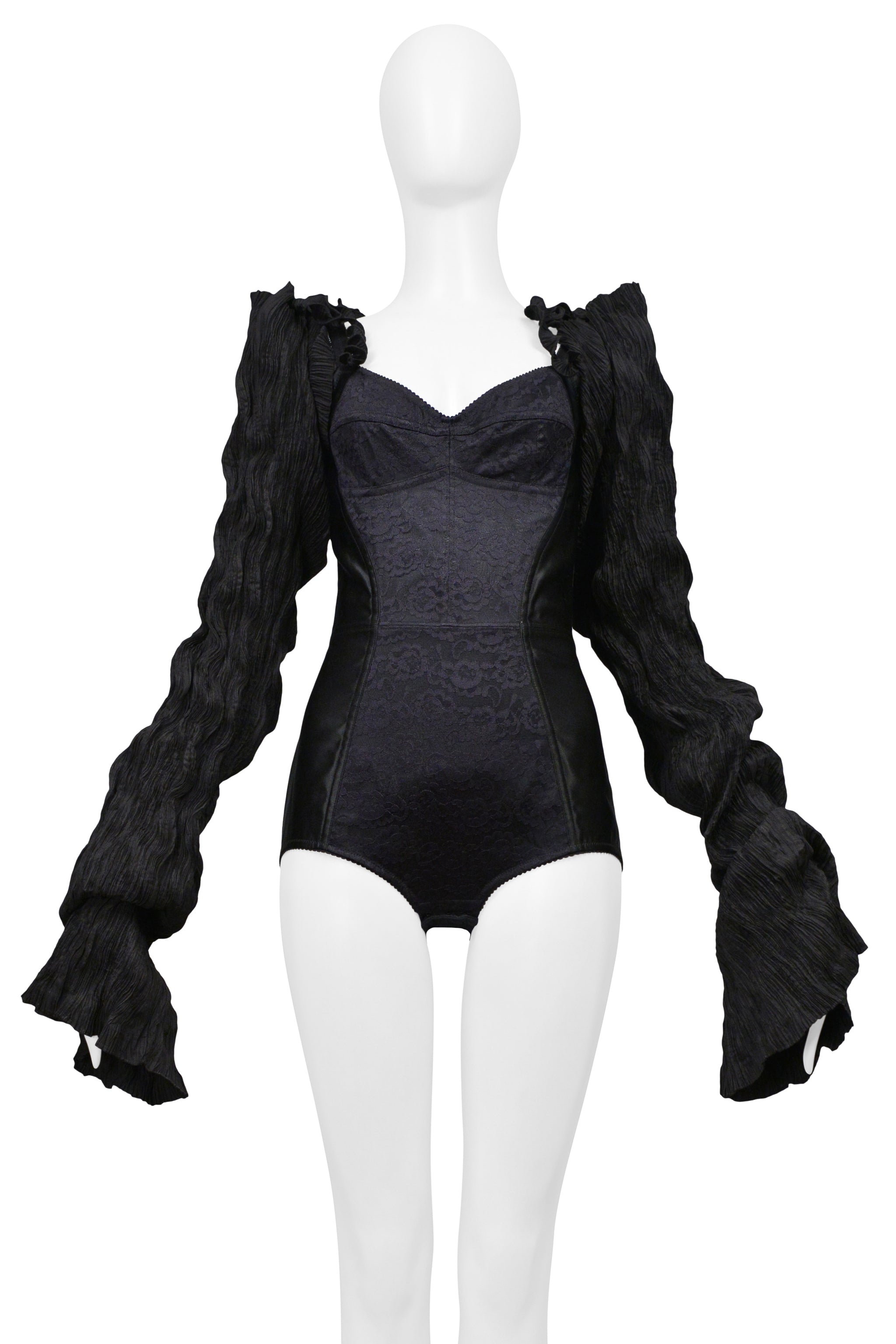 DOLCE & GABBANA BLACK SATIN BODYSUIT WITH LACE INSETS AND EXPOSED ZIPPER