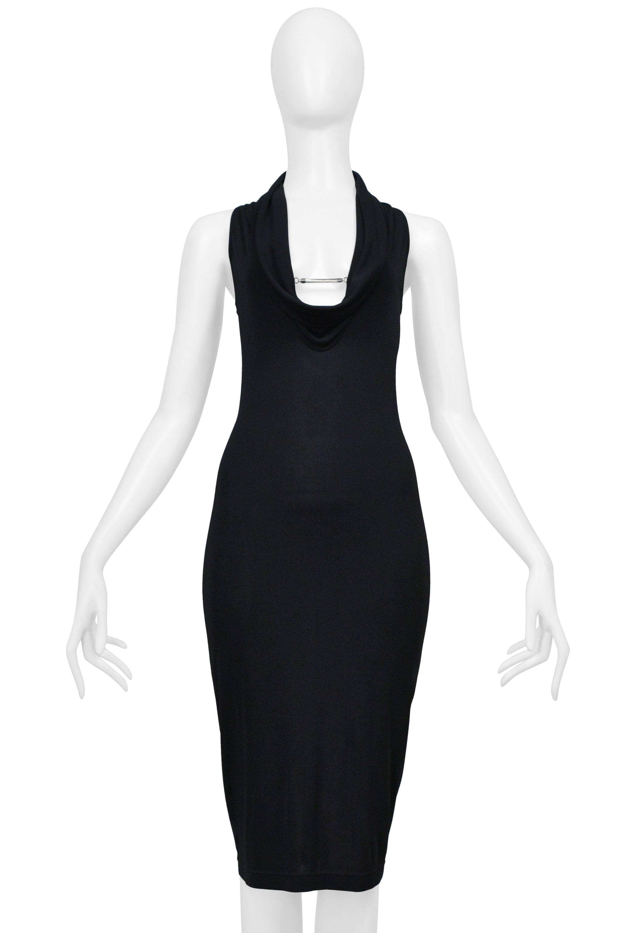 PACO RABANNE BLACK HALTER DRESS WITH SILVER SPRING DETAIL AT CHEST