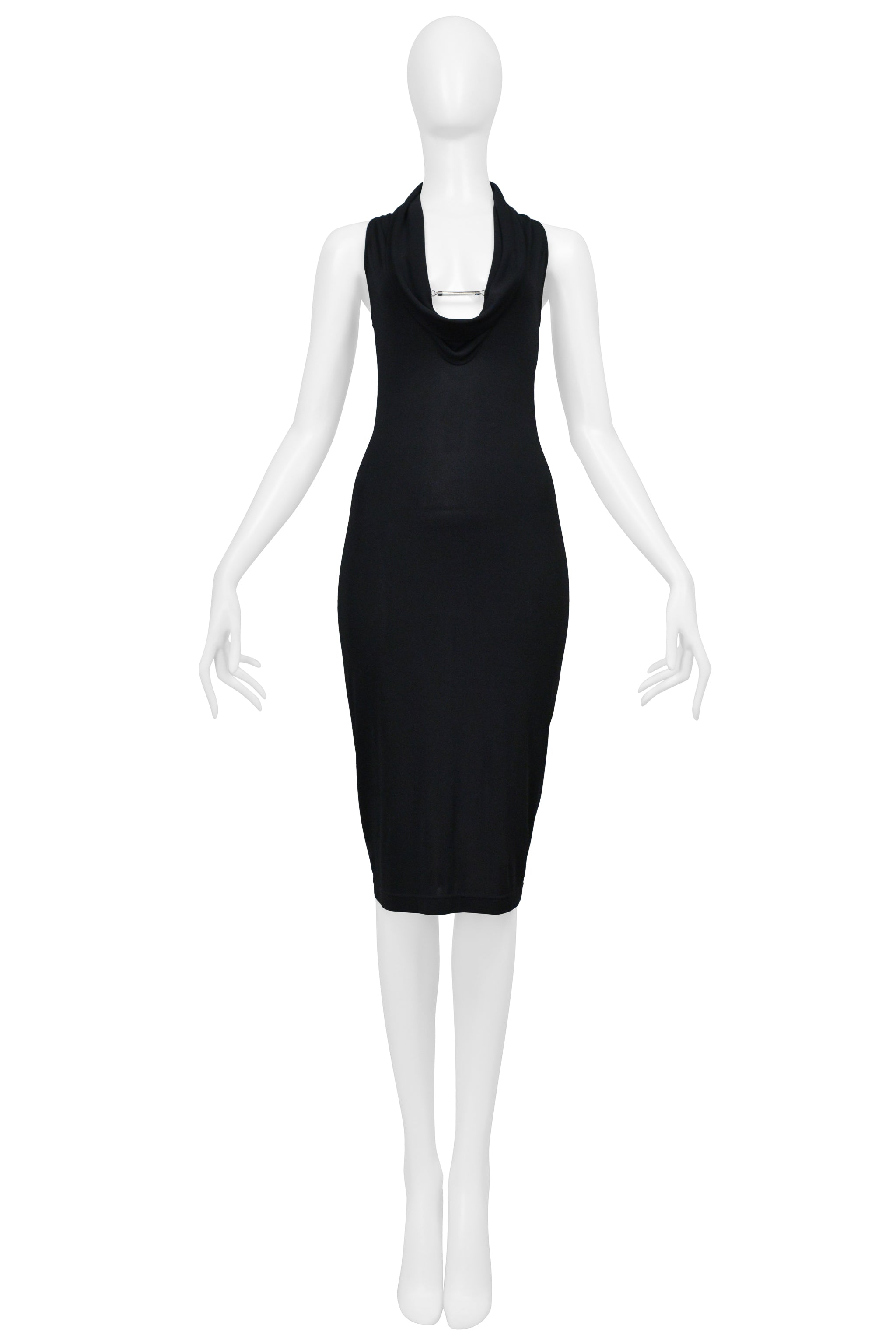 PACO RABANNE BLACK HALTER DRESS WITH SILVER SPRING DETAIL AT CHEST