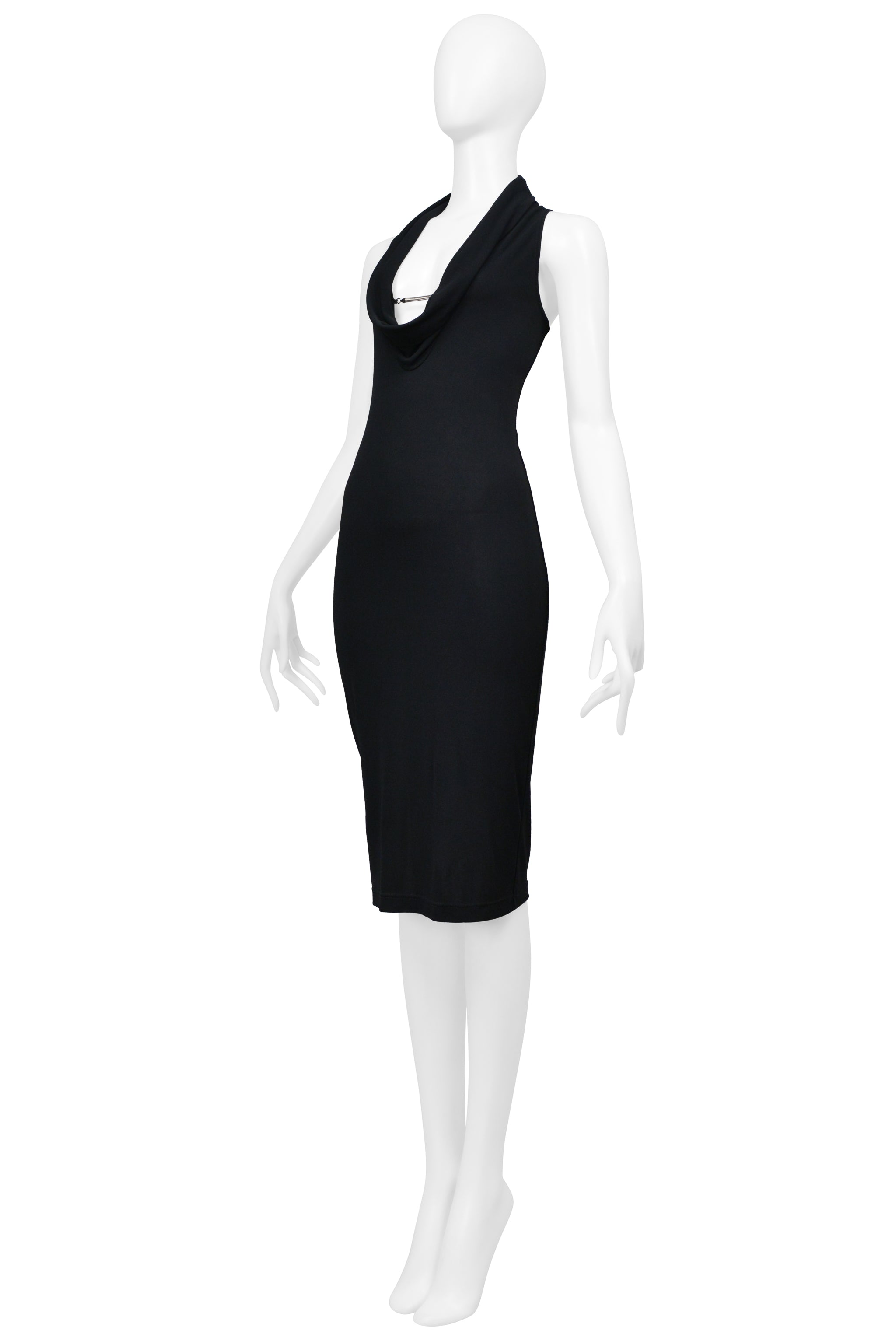 PACO RABANNE BLACK HALTER DRESS WITH SILVER SPRING DETAIL AT CHEST