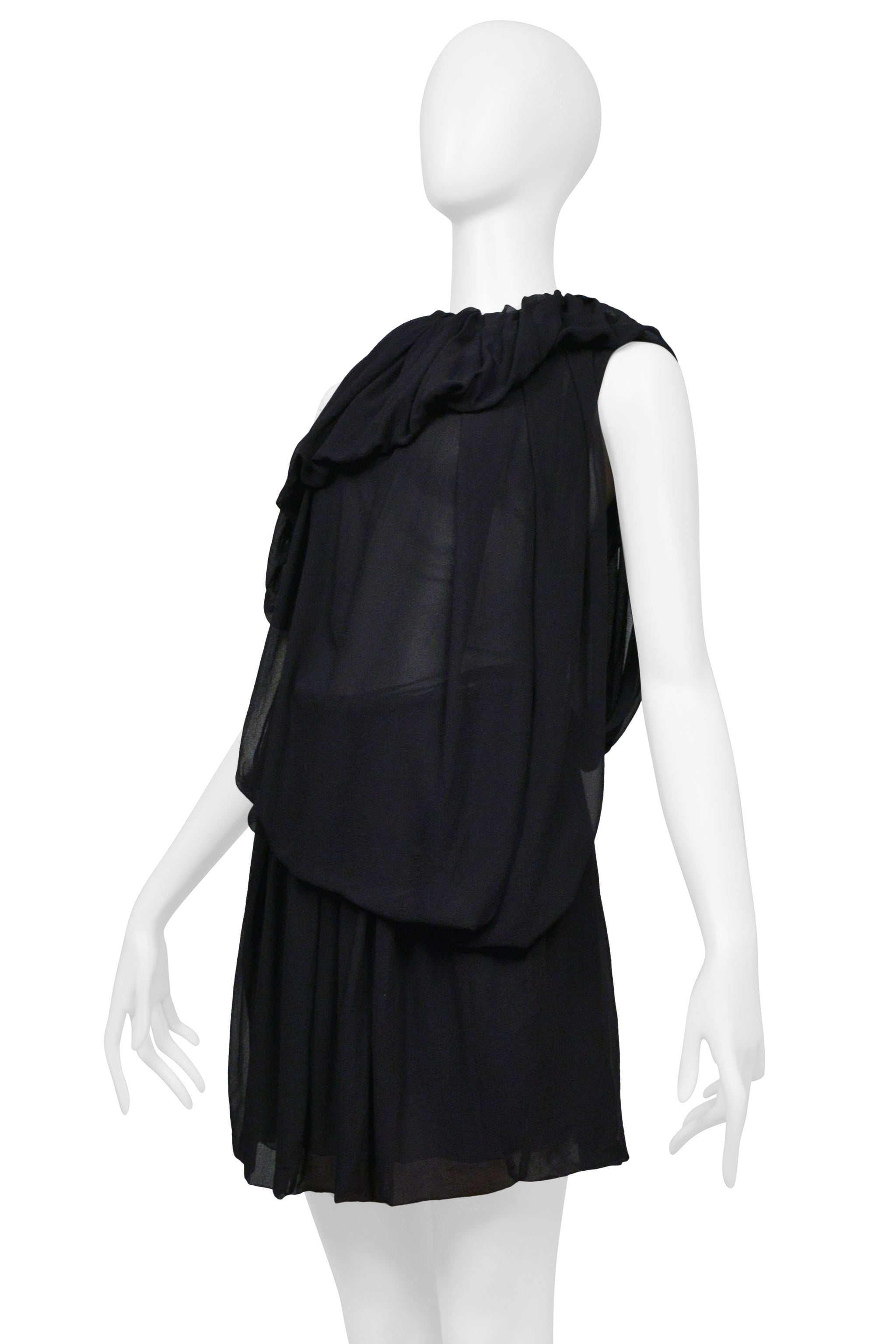 PLEIN SUD BLACK SHEER DRAPED MINI DRESS WITH RUFFLE COLLAR