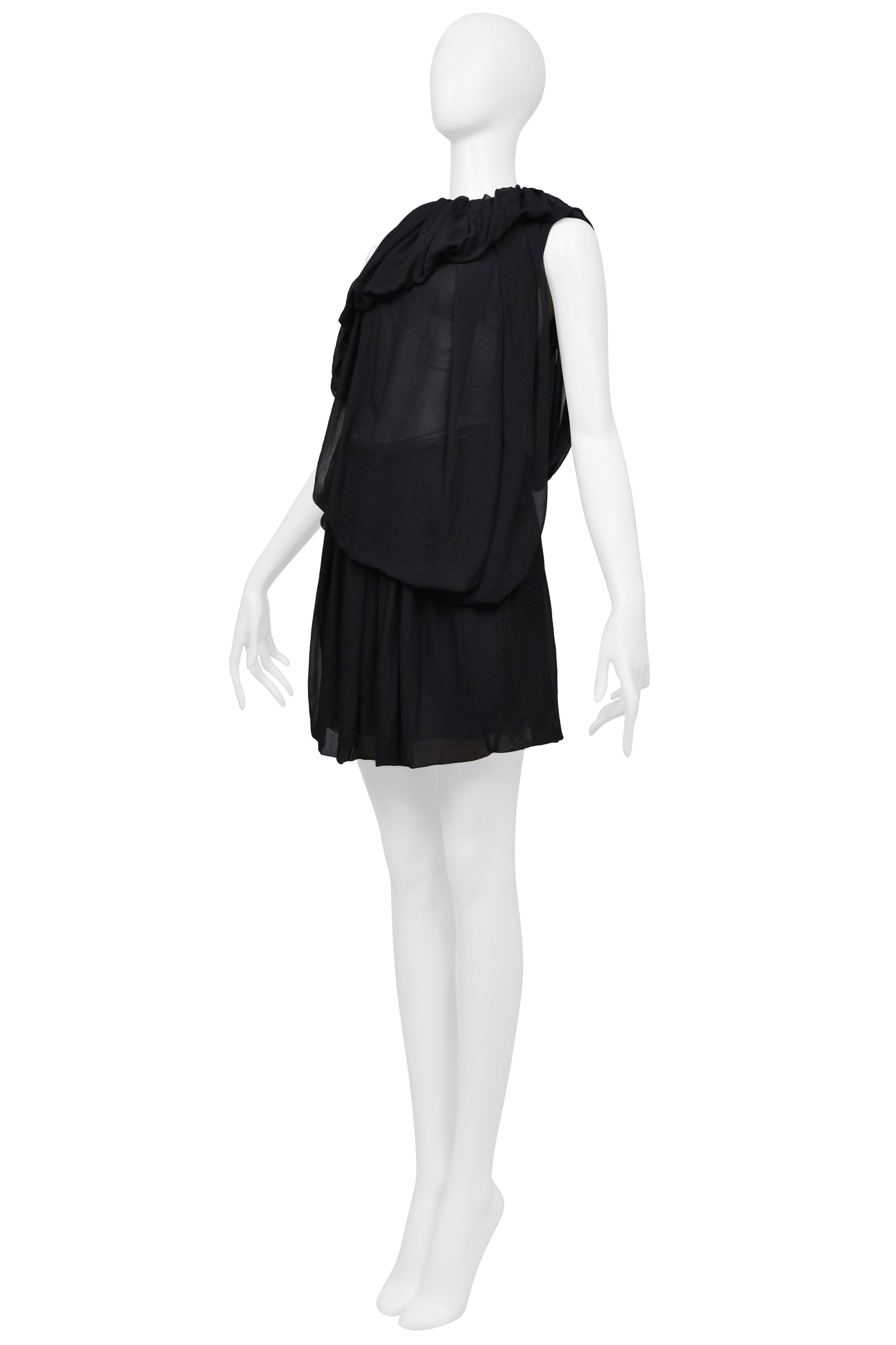 PLEIN SUD BLACK SHEER DRAPED MINI DRESS WITH RUFFLE COLLAR