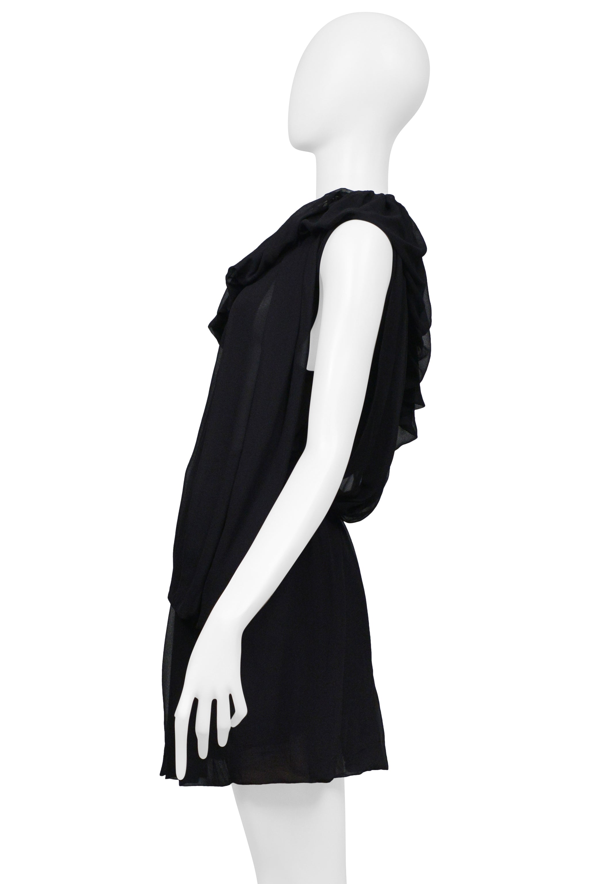 PLEIN SUD BLACK SHEER DRAPED MINI DRESS WITH RUFFLE COLLAR