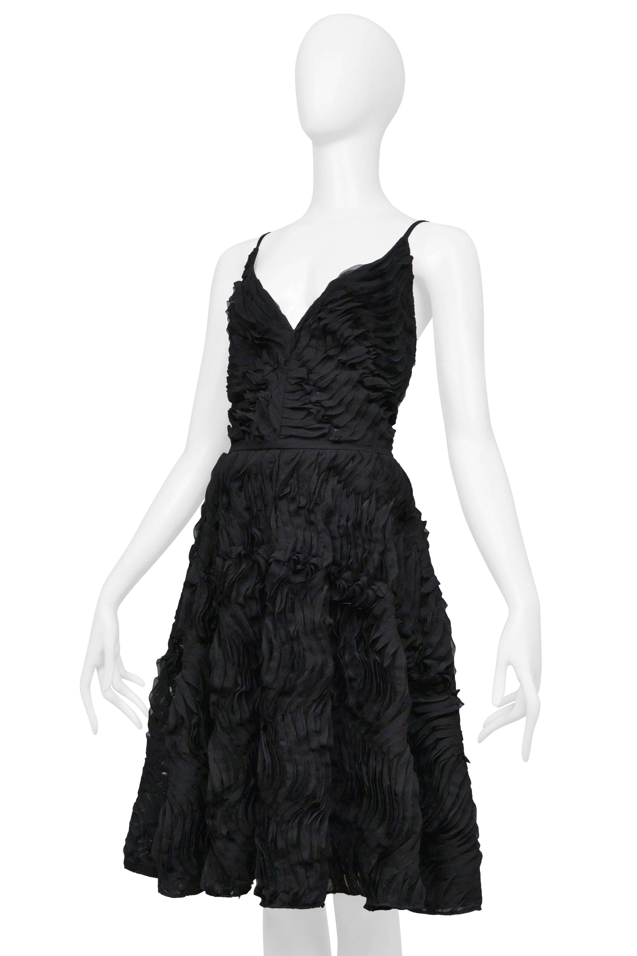 PLEIN SUD BLACK SUN DRESS WITH DEEP NECKLINE AND INTRICATE RUFFLE DETAILS
