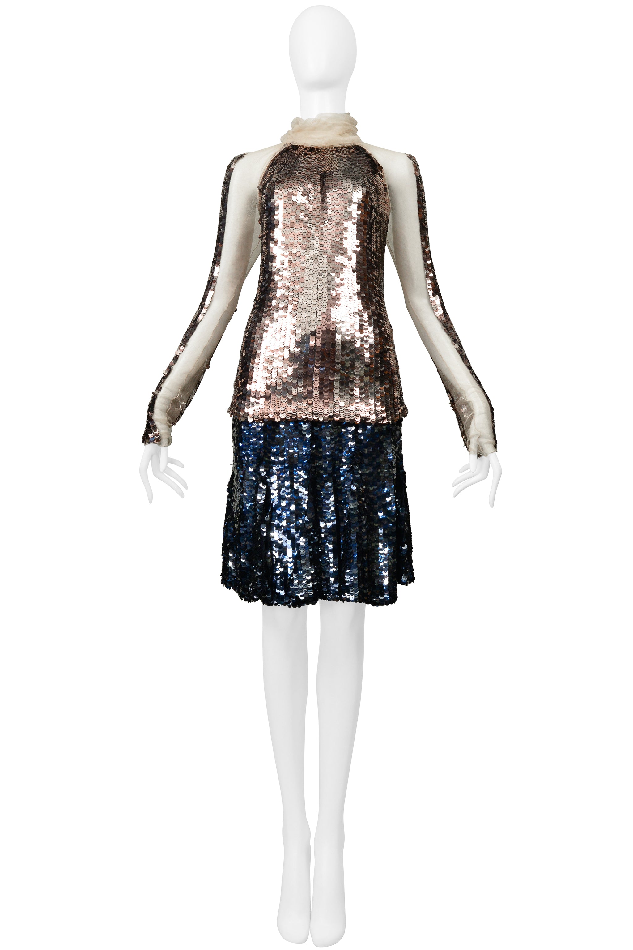 PRADA GOLD & NAVY METALLIC ROUND PAILLETTE SKIRT ENSEMBLE 2002