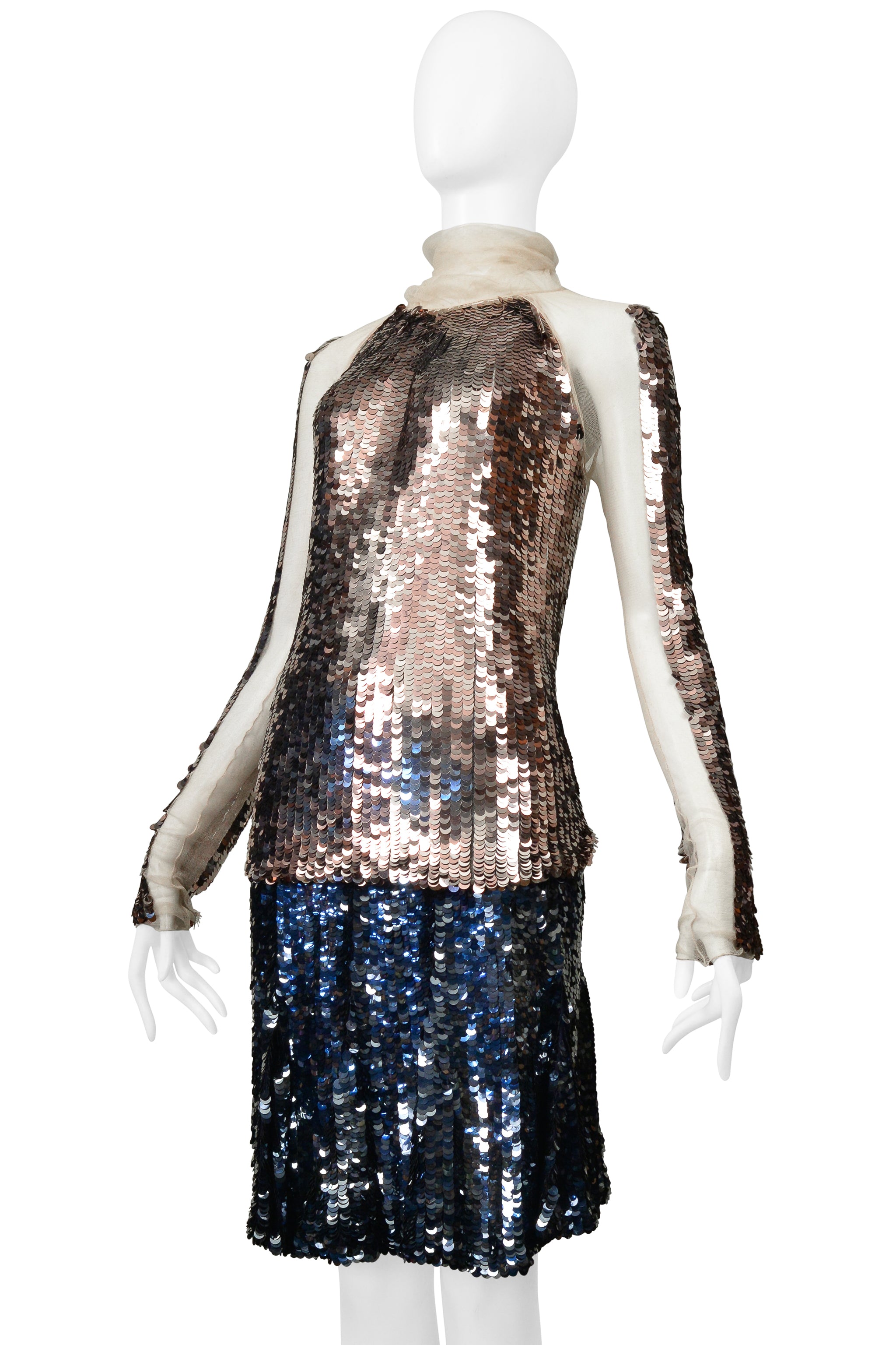 PRADA GOLD & NAVY METALLIC ROUND PAILLETTE SKIRT ENSEMBLE 2002