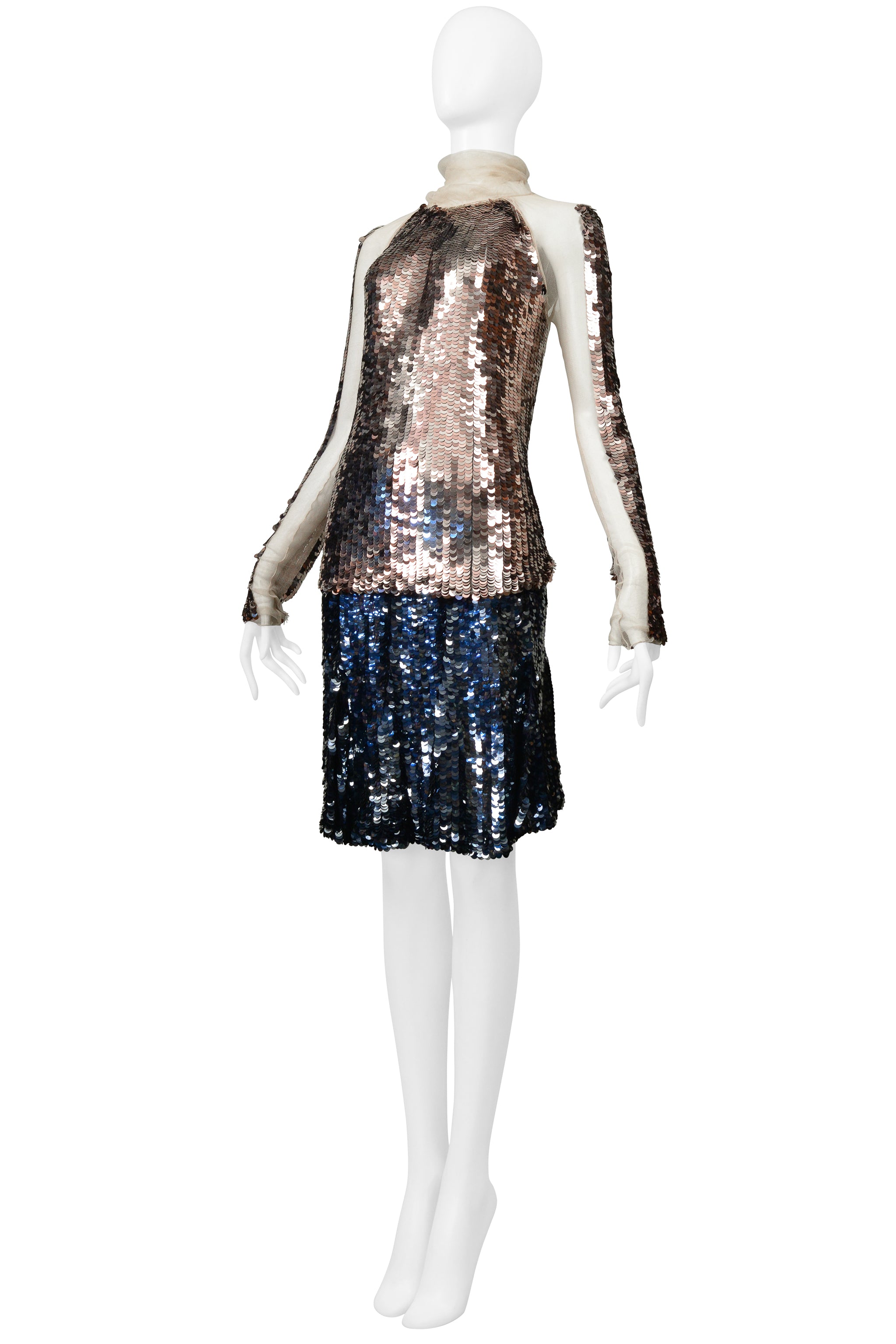 PRADA GOLD & NAVY METALLIC ROUND PAILLETTE SKIRT ENSEMBLE 2002