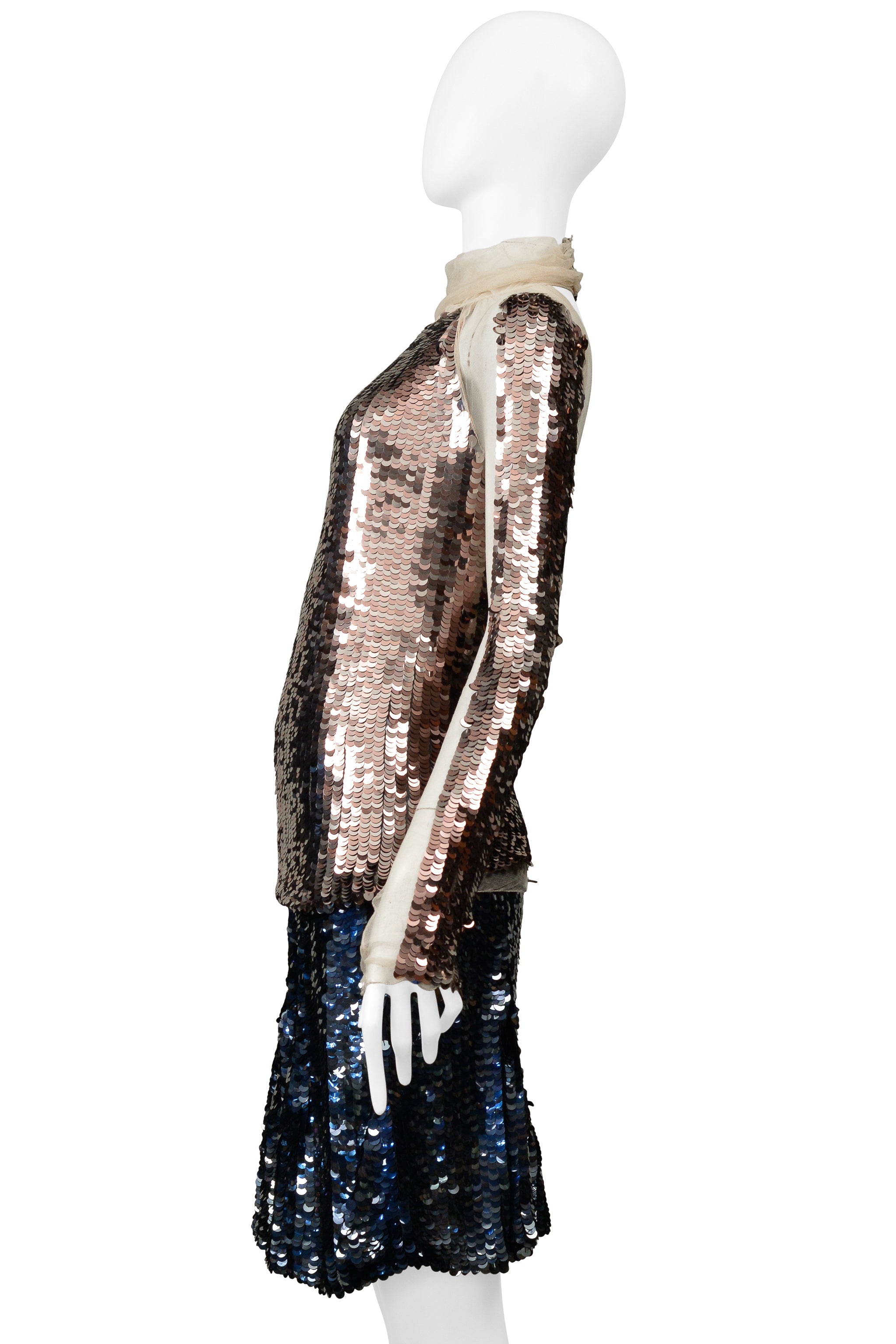 PRADA GOLD & NAVY METALLIC ROUND PAILLETTE SKIRT ENSEMBLE 2002