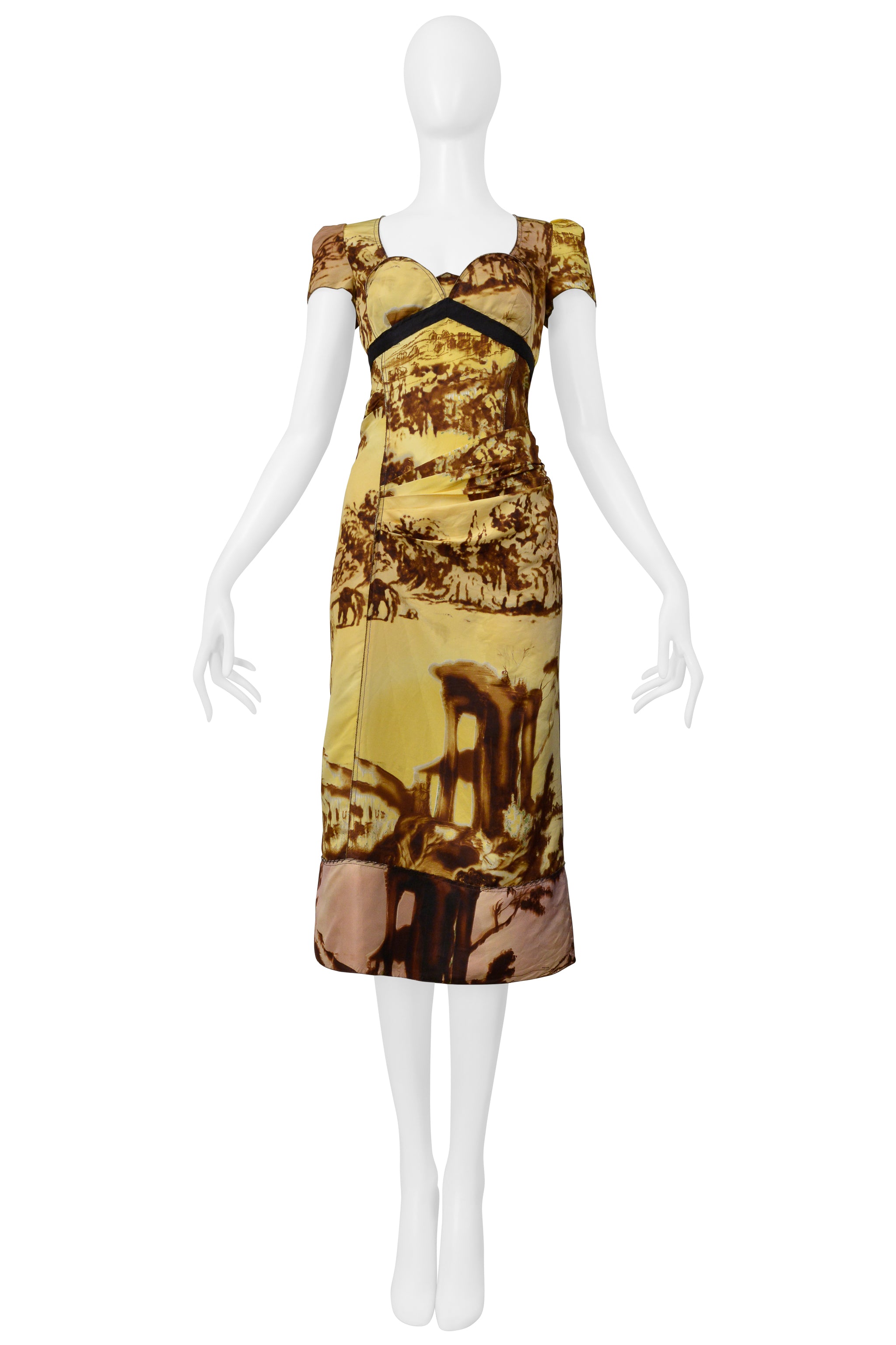 PRADA YELLOW AND BROWN PRINTED SILK DRESS FW 2004