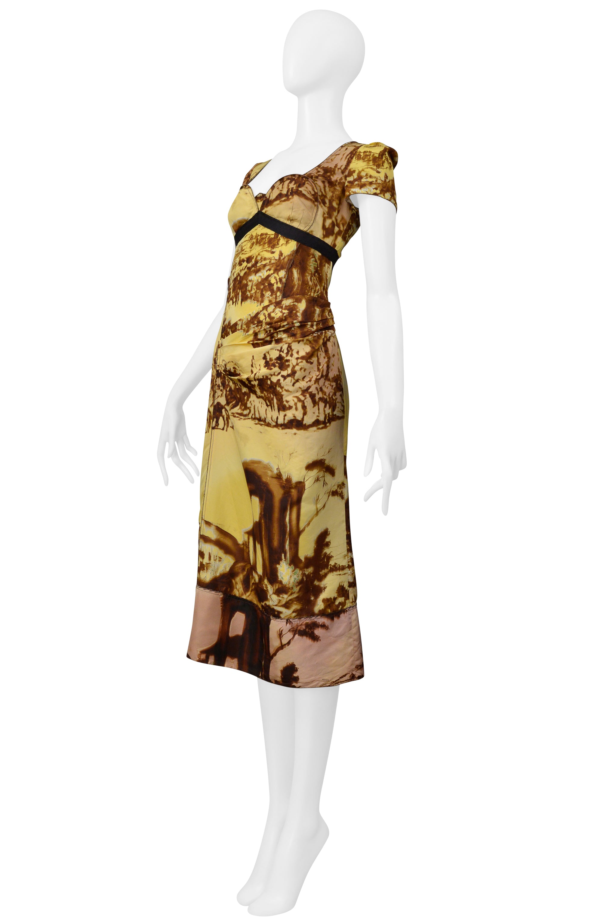 PRADA YELLOW AND BROWN PRINTED SILK DRESS FW 2004