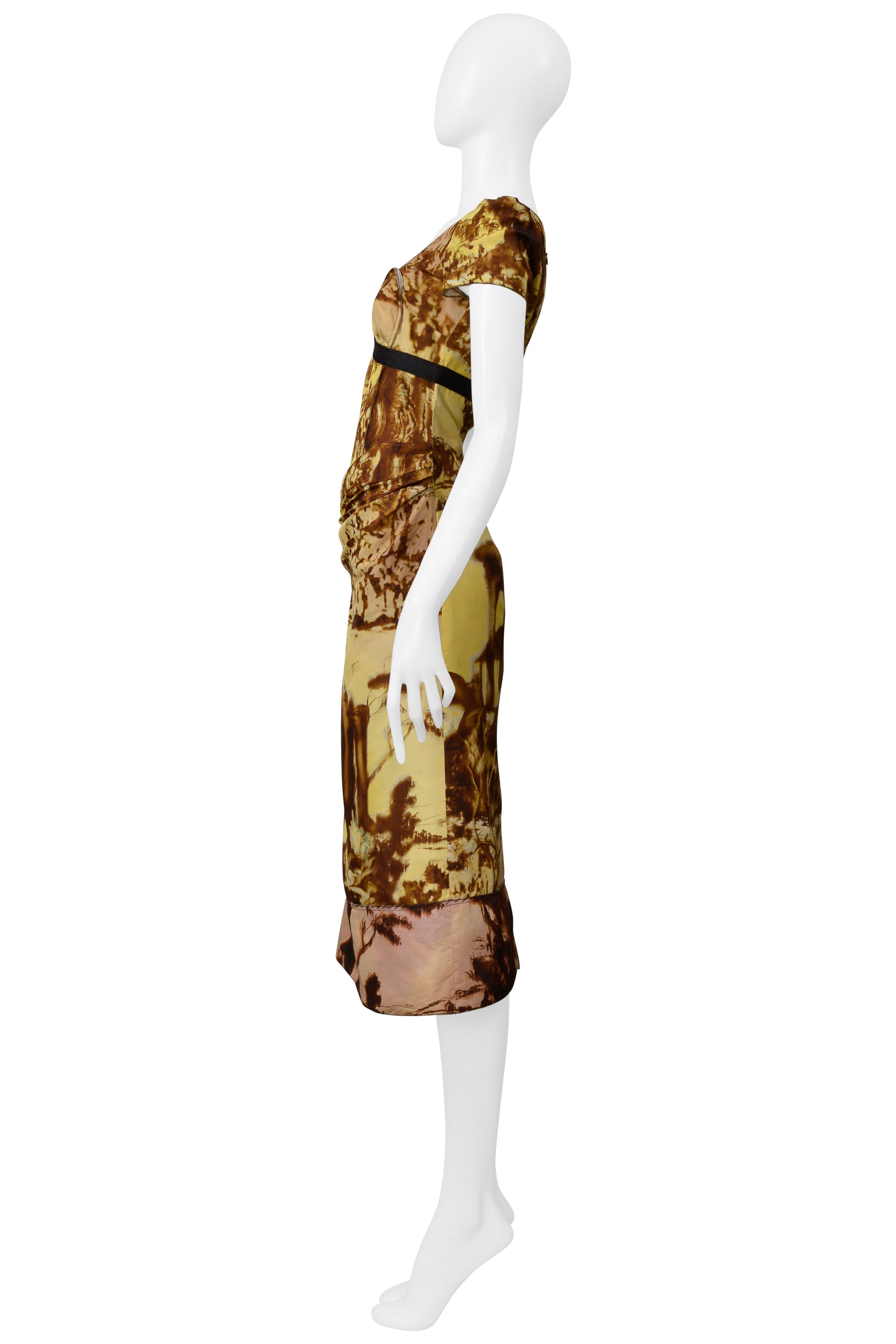 PRADA YELLOW AND BROWN PRINTED SILK DRESS FW 2004