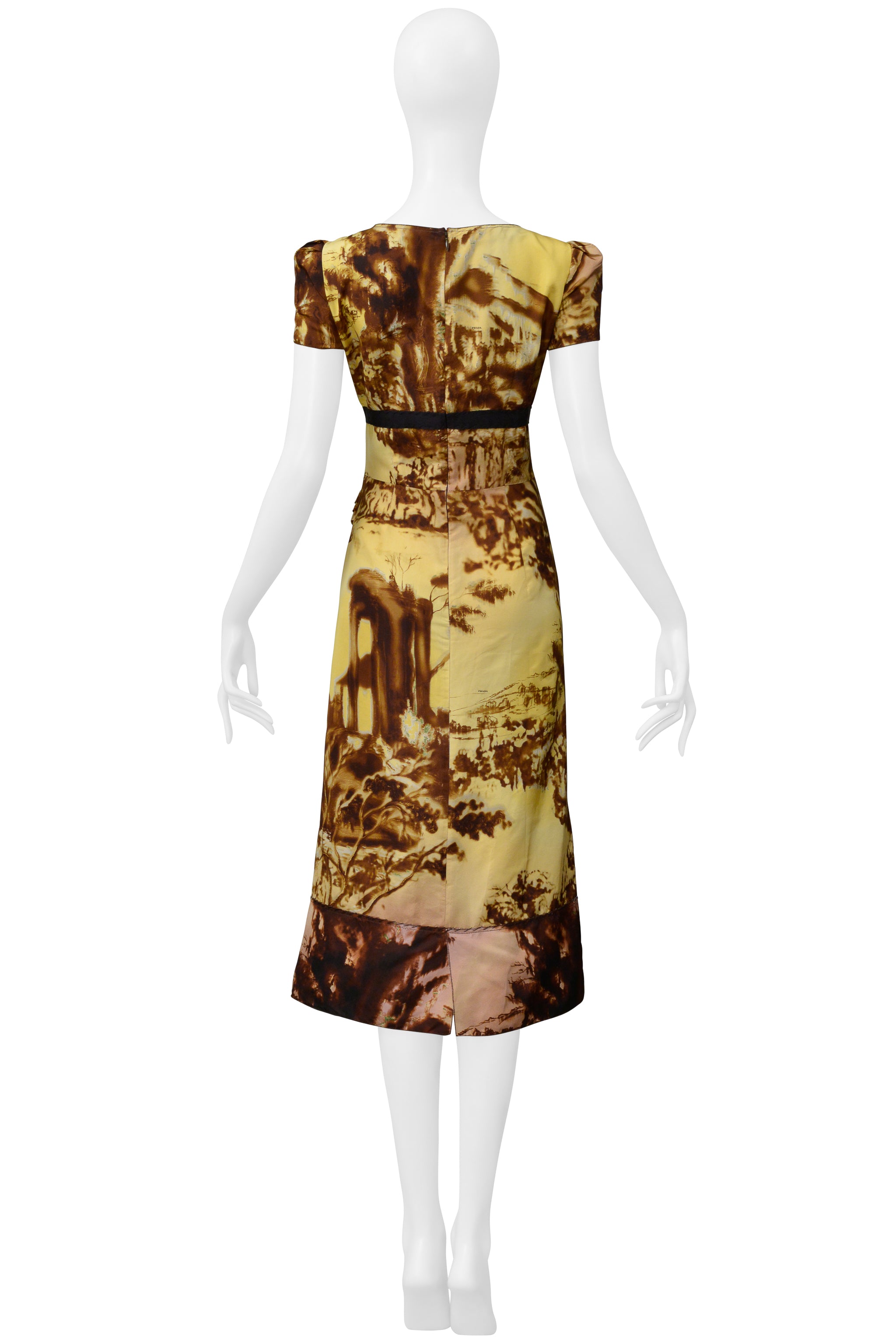 PRADA YELLOW AND BROWN PRINTED SILK DRESS FW 2004
