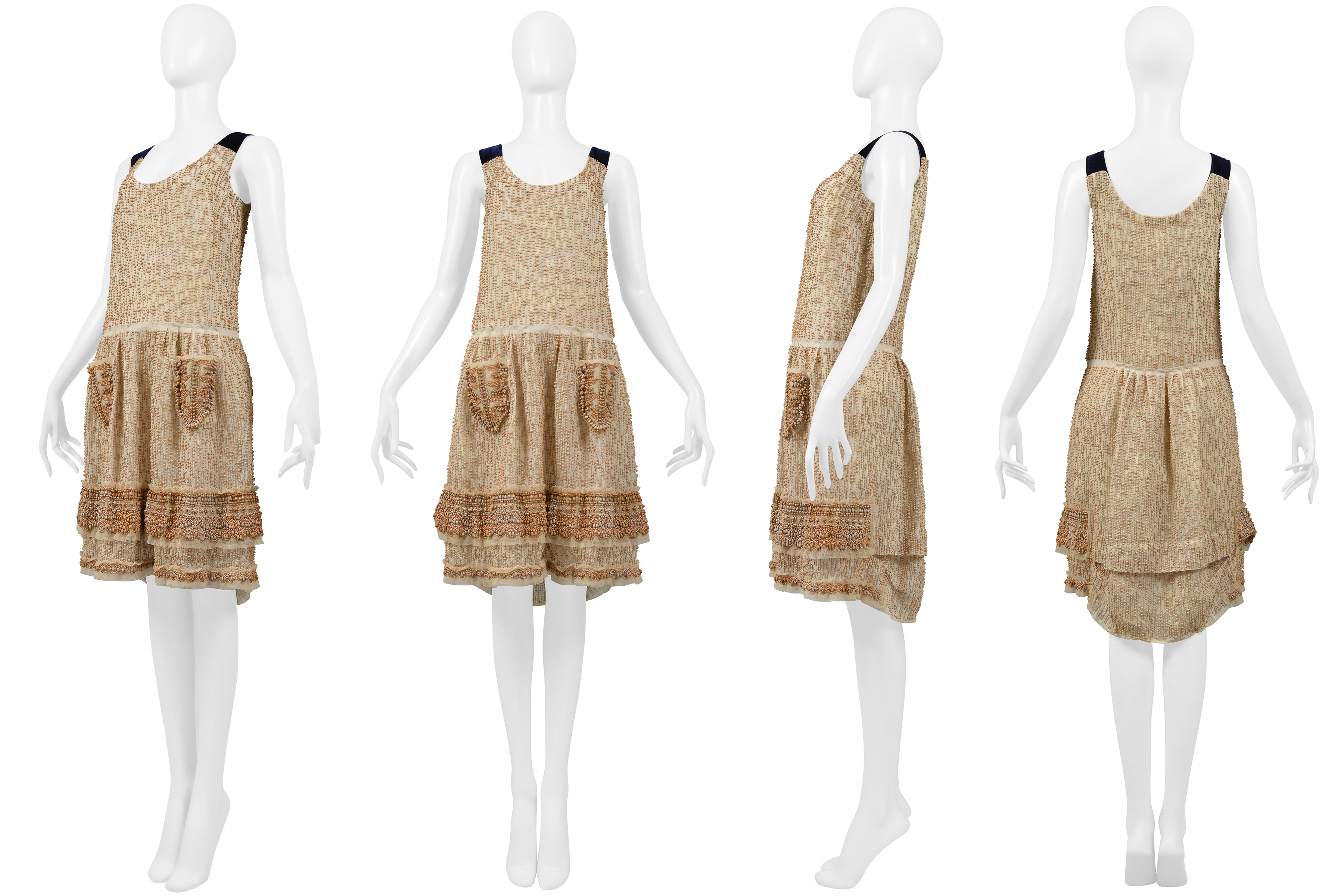 PRADA OFF-WHITE BEADED PARTY DRESS WITH BLUE VELVET STRAPS 2006