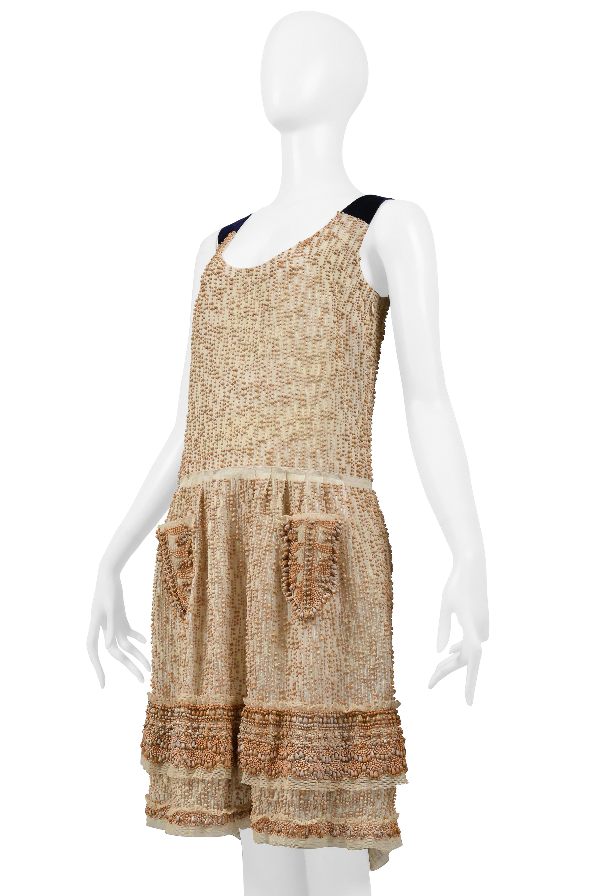 PRADA OFF-WHITE BEADED PARTY DRESS WITH BLUE VELVET STRAPS 2006