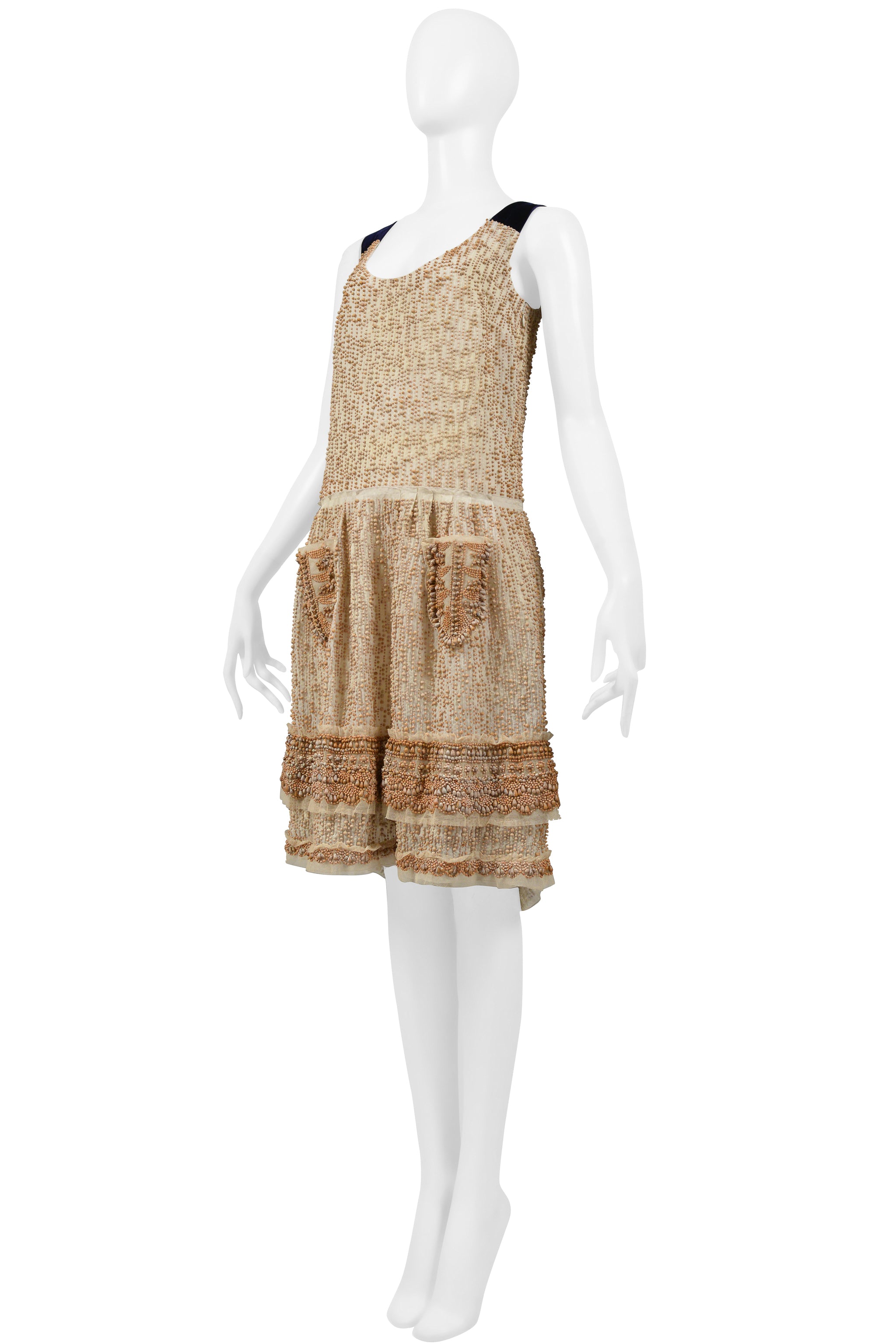 PRADA OFF-WHITE BEADED PARTY DRESS WITH BLUE VELVET STRAPS 2006