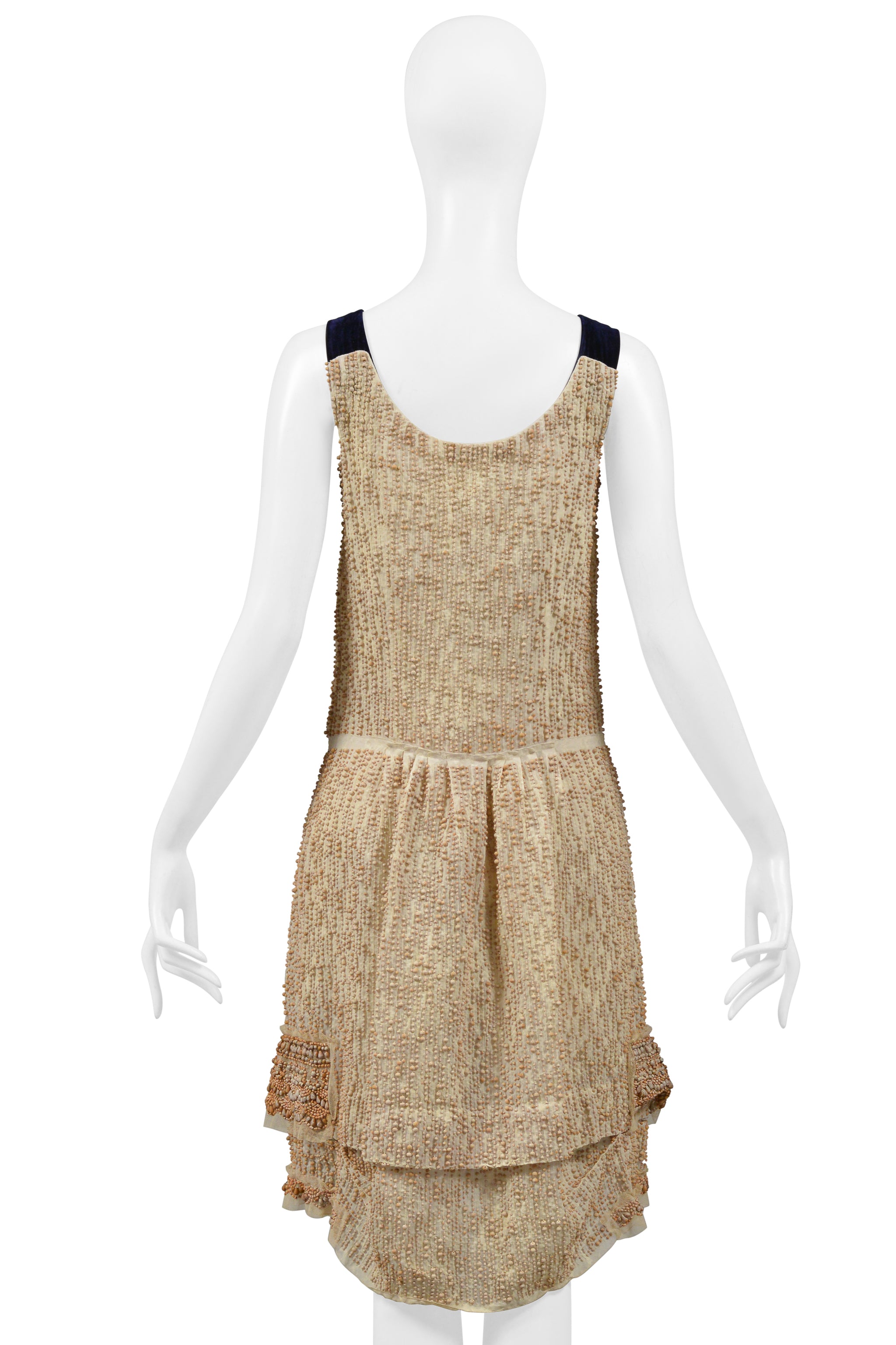 PRADA OFF-WHITE BEADED PARTY DRESS WITH BLUE VELVET STRAPS 2006