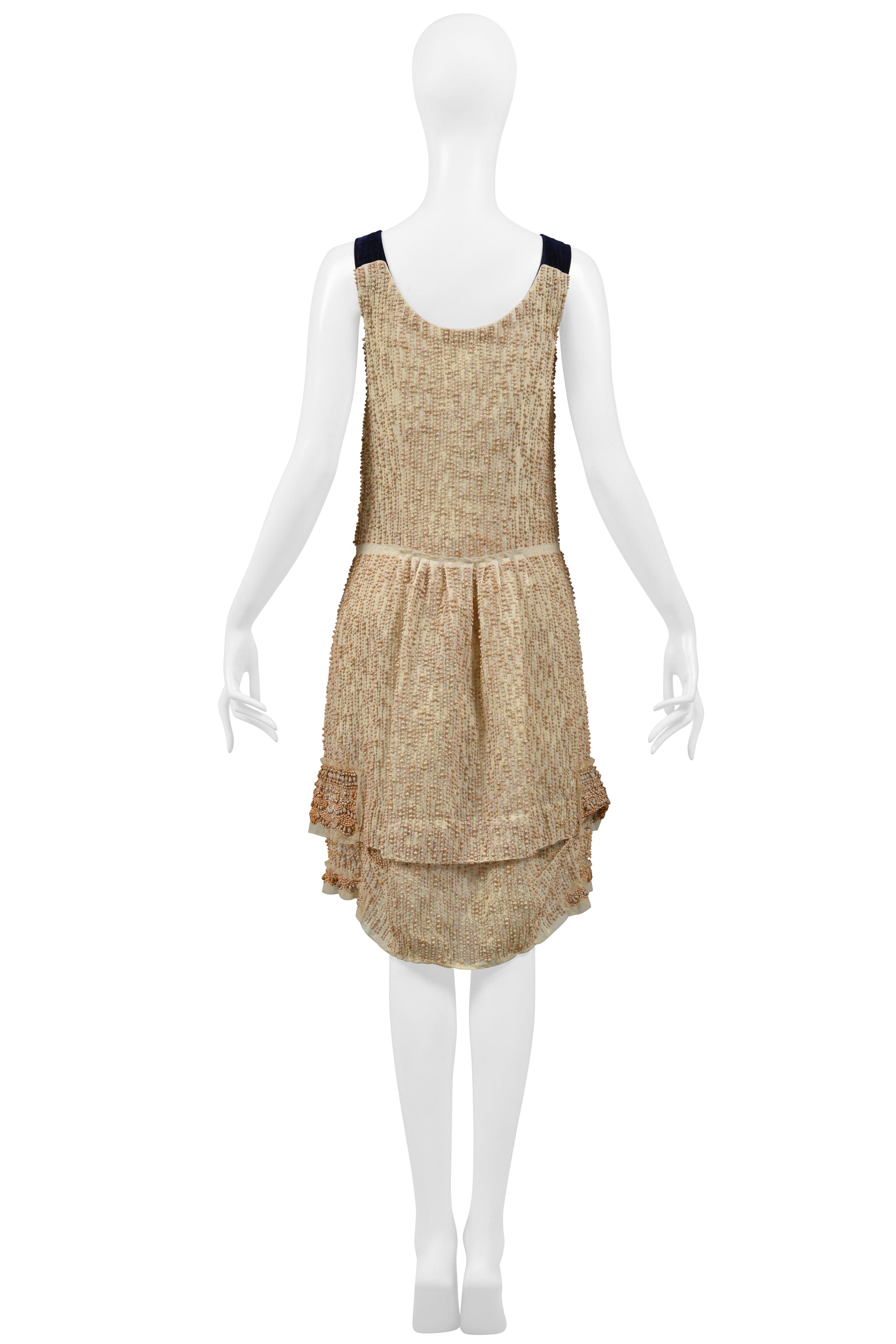 PRADA OFF-WHITE BEADED PARTY DRESS WITH BLUE VELVET STRAPS 2006