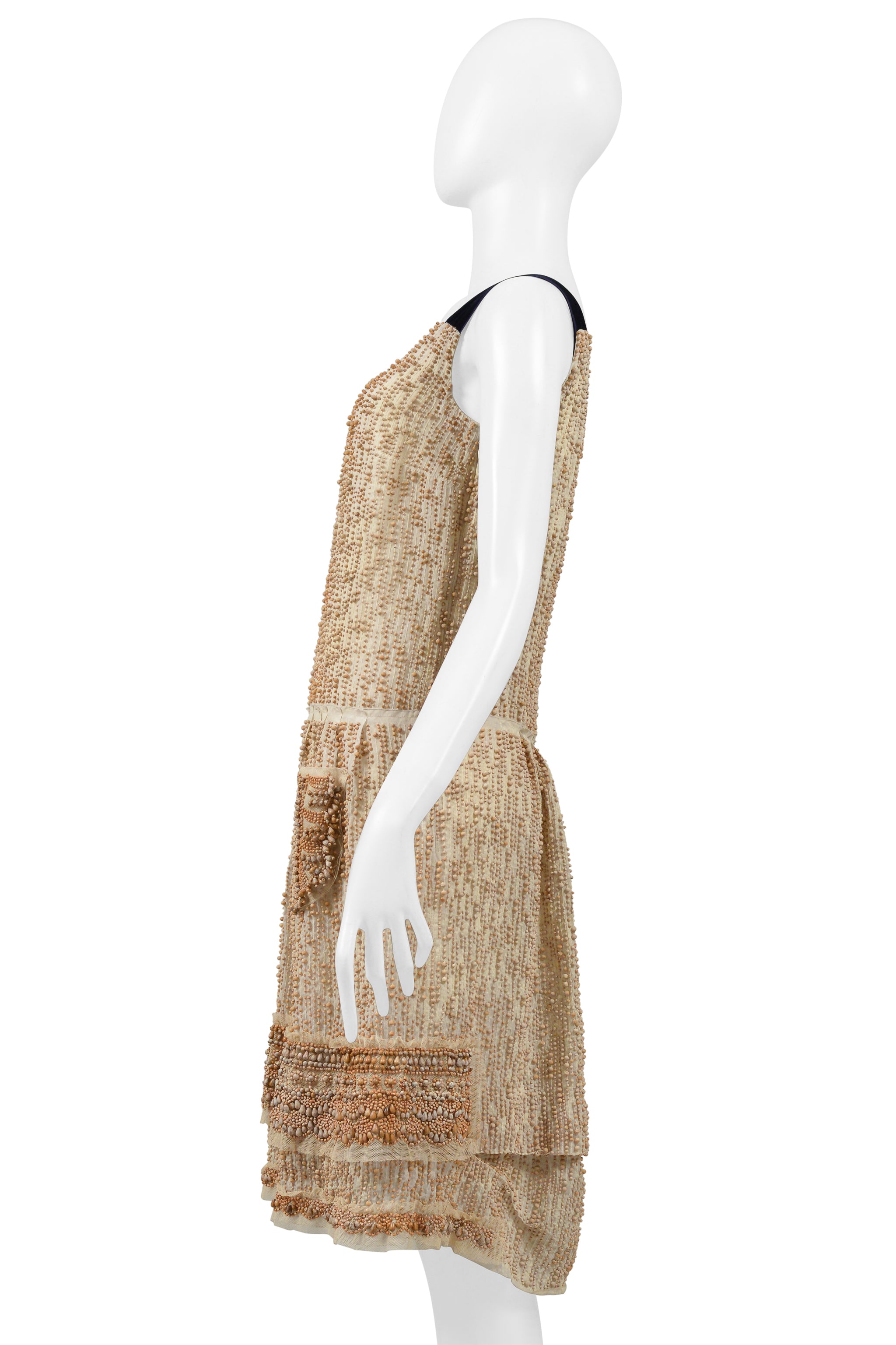 PRADA OFF-WHITE BEADED PARTY DRESS WITH BLUE VELVET STRAPS 2006