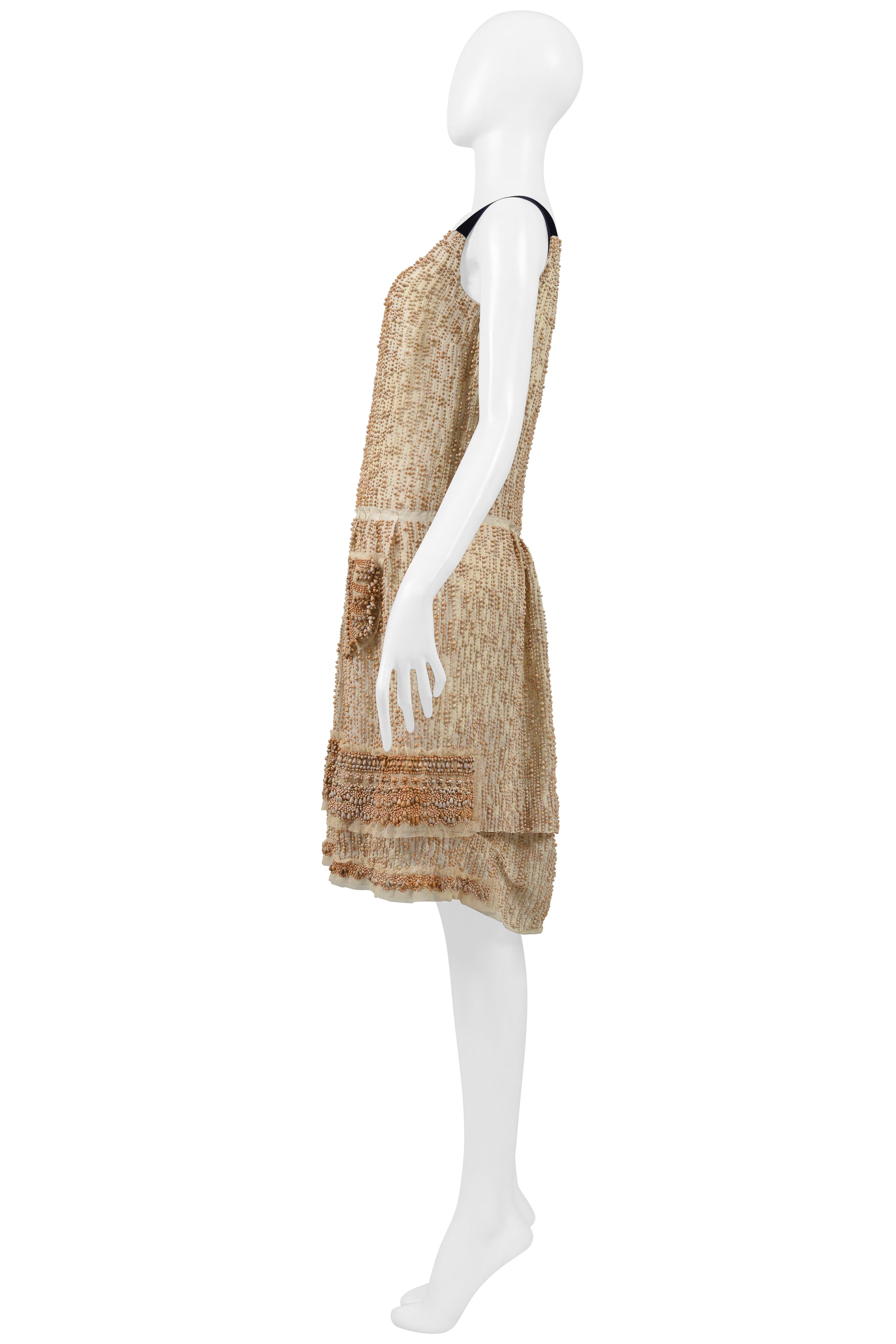 PRADA OFF-WHITE BEADED PARTY DRESS WITH BLUE VELVET STRAPS 2006