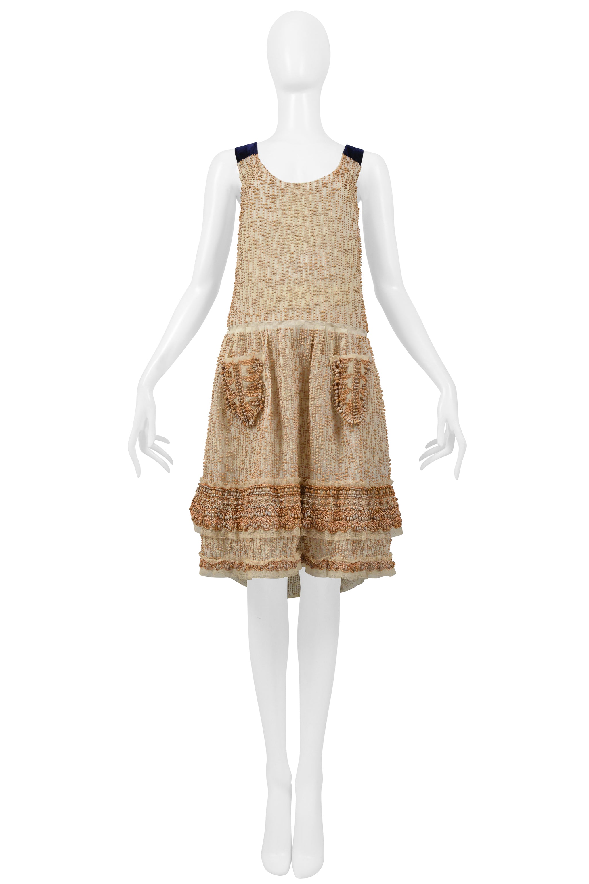 PRADA OFF-WHITE BEADED PARTY DRESS WITH BLUE VELVET STRAPS 2006