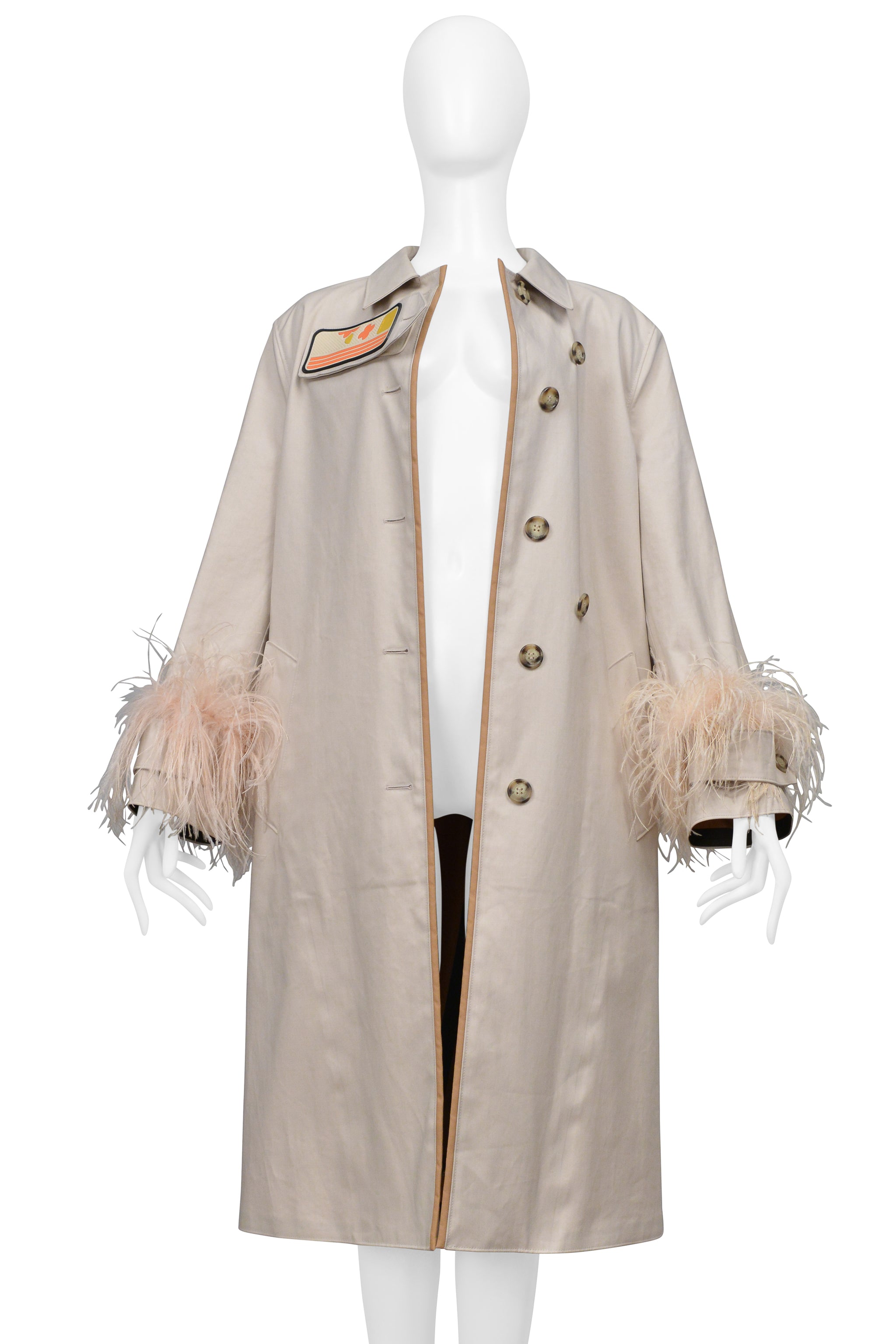PRADA KHAKI TRENCH COAT WITH VELCRO PATCHES AND FEATHER SLEEVES 2017