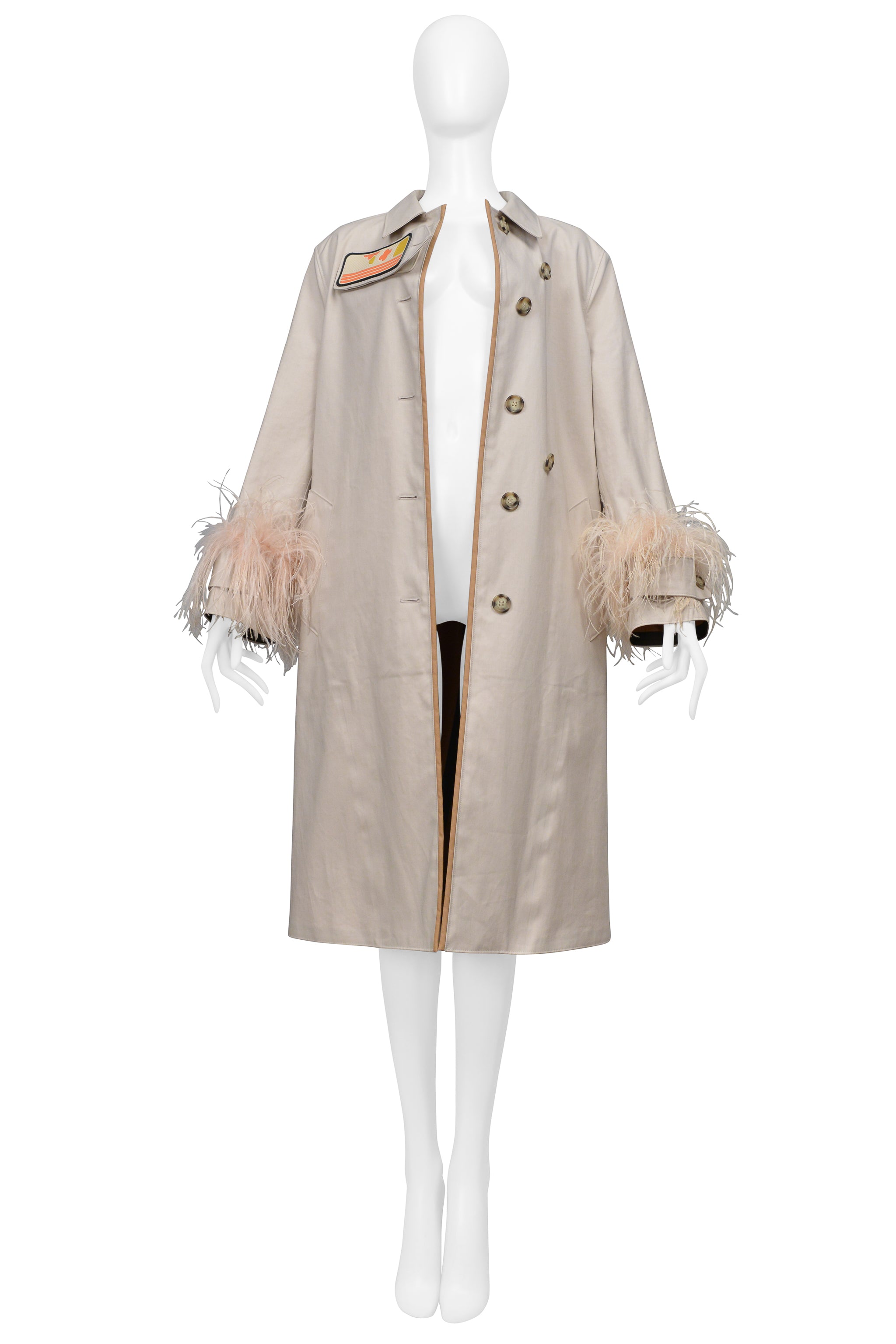 PRADA KHAKI TRENCH COAT WITH VELCRO PATCHES AND FEATHER SLEEVES 2017