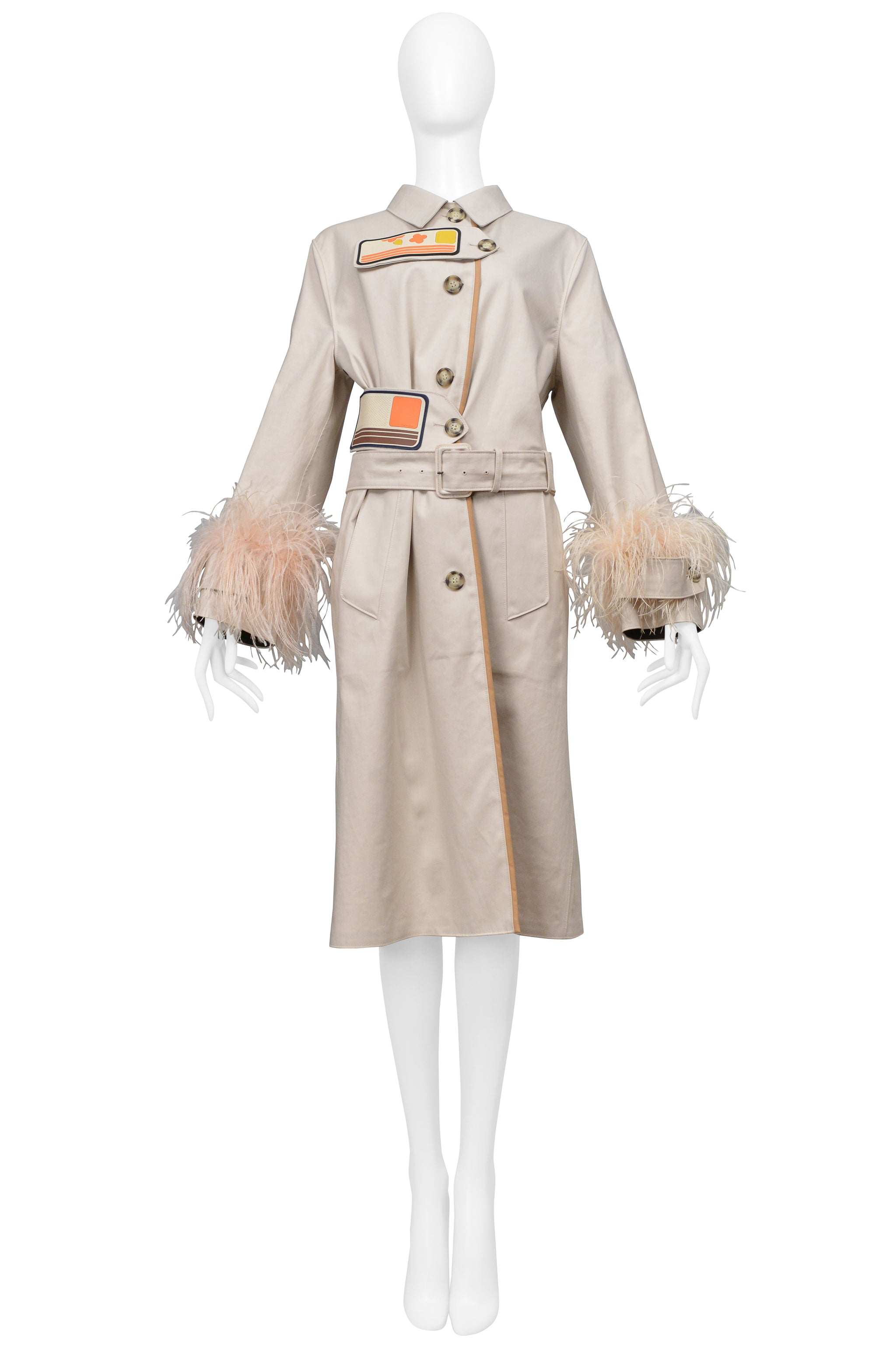 PRADA KHAKI TRENCH COAT WITH VELCRO PATCHES AND FEATHER SLEEVES 2017