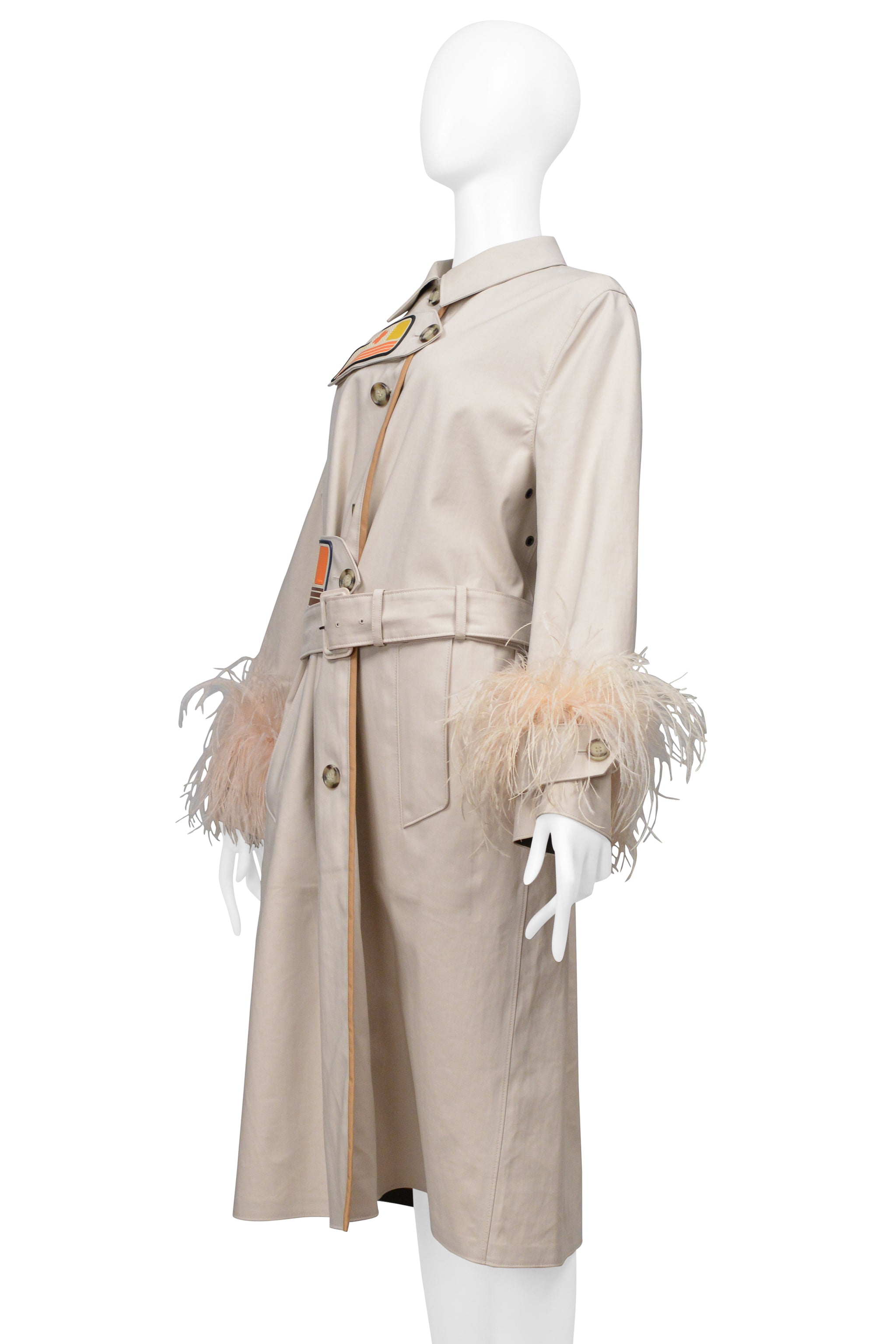 PRADA KHAKI TRENCH COAT WITH VELCRO PATCHES AND FEATHER SLEEVES 2017