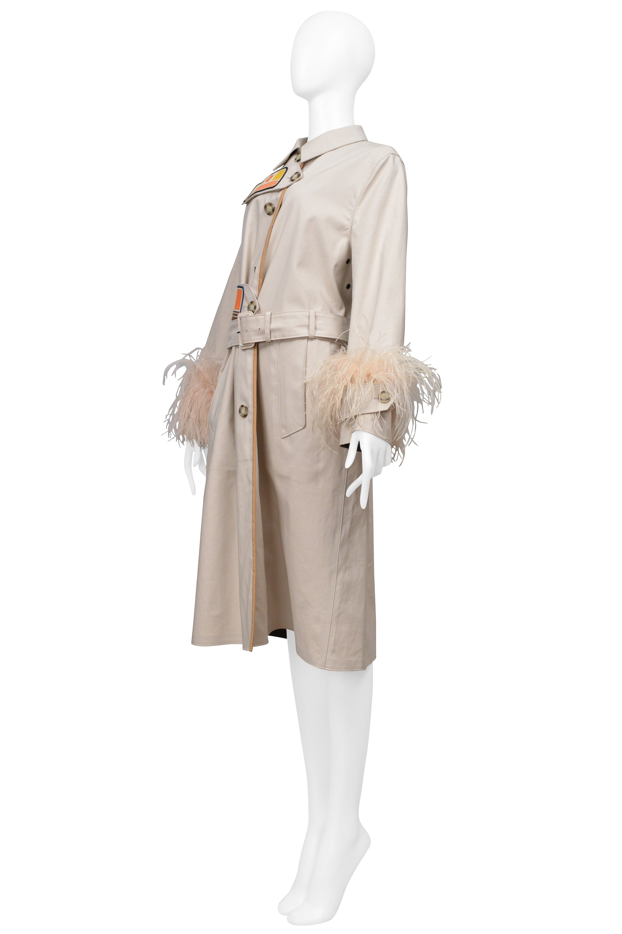 PRADA KHAKI TRENCH COAT WITH VELCRO PATCHES AND FEATHER SLEEVES 2017