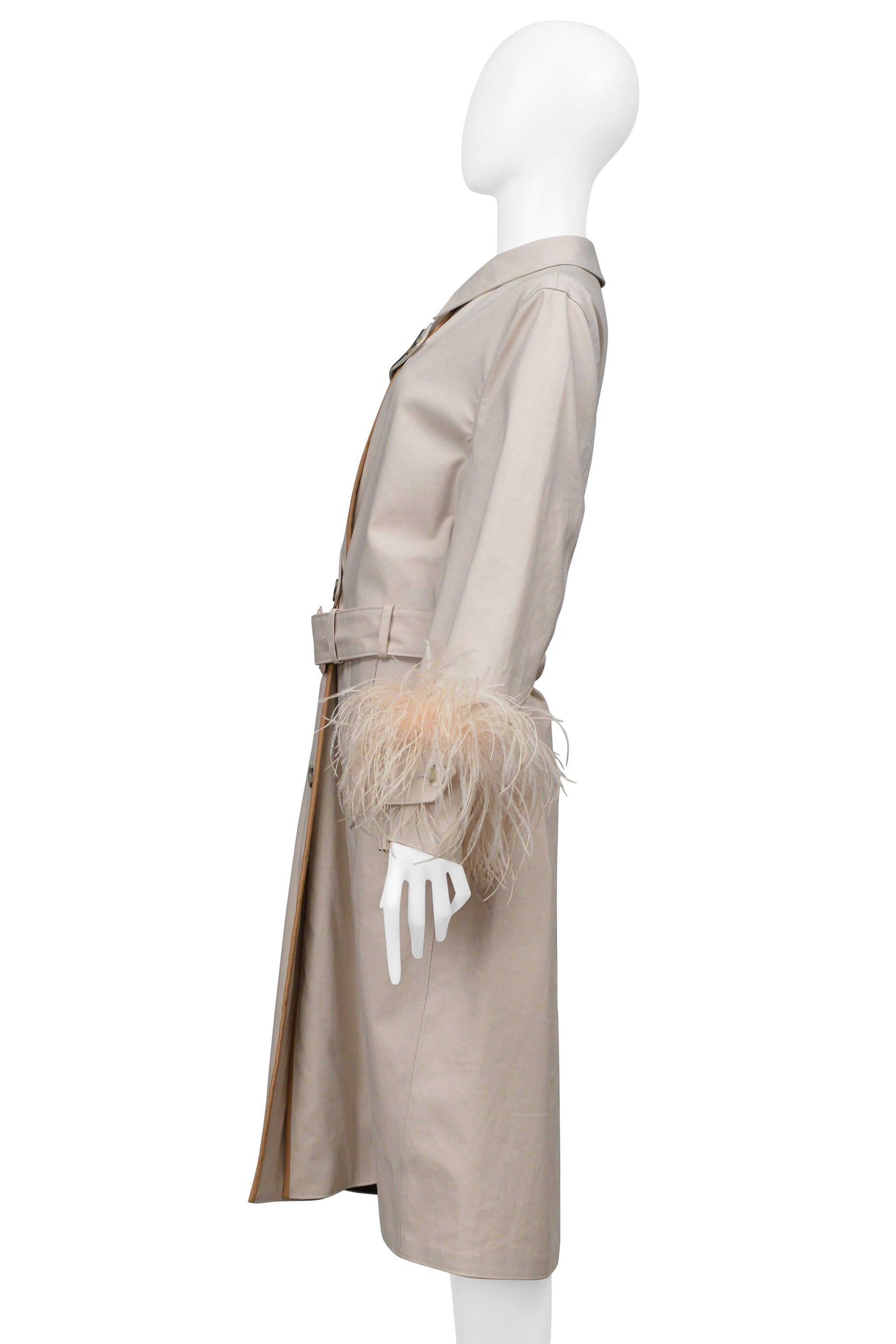 PRADA KHAKI TRENCH COAT WITH VELCRO PATCHES AND FEATHER SLEEVES 2017