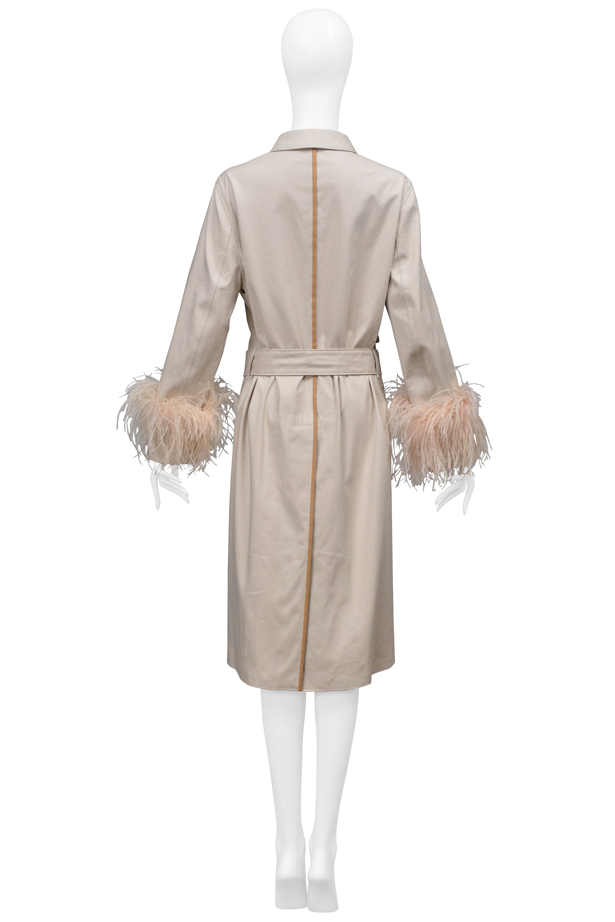 PRADA KHAKI TRENCH COAT WITH VELCRO PATCHES AND FEATHER SLEEVES 2017