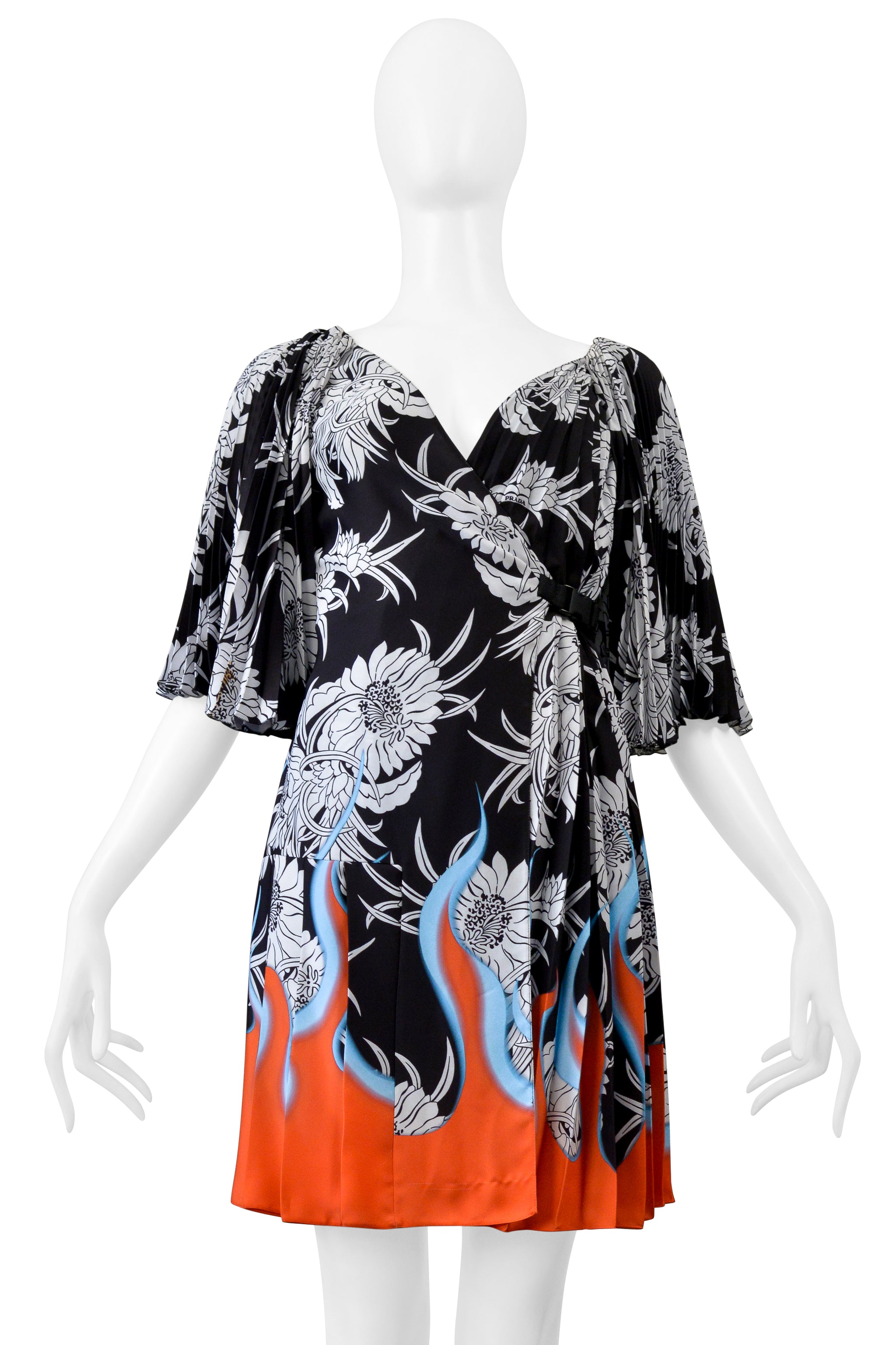 PRADA BLACK, WHITE, FLORAL DRESS WITH FLAMES 2018