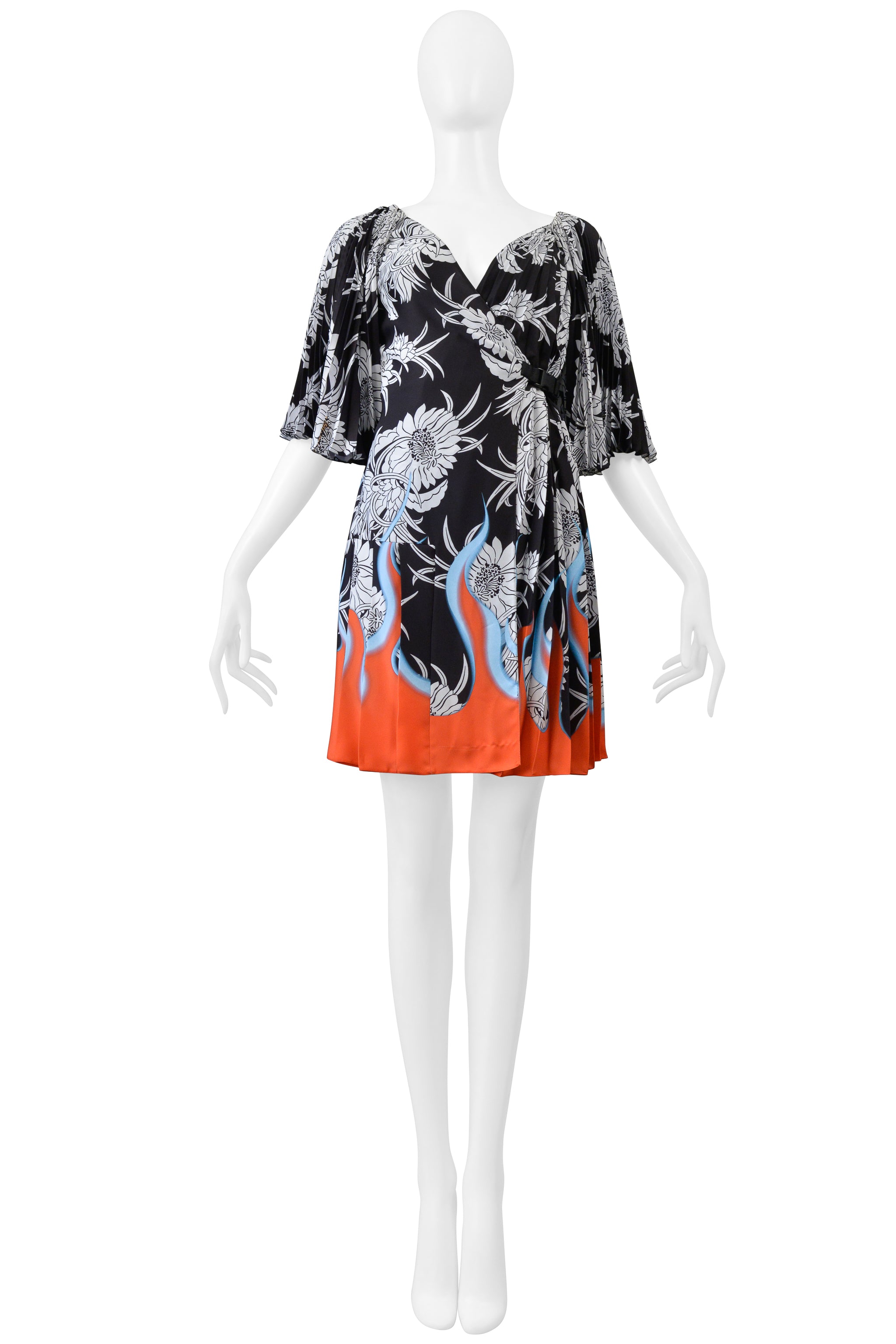 PRADA BLACK, WHITE, FLORAL DRESS WITH FLAMES 2018