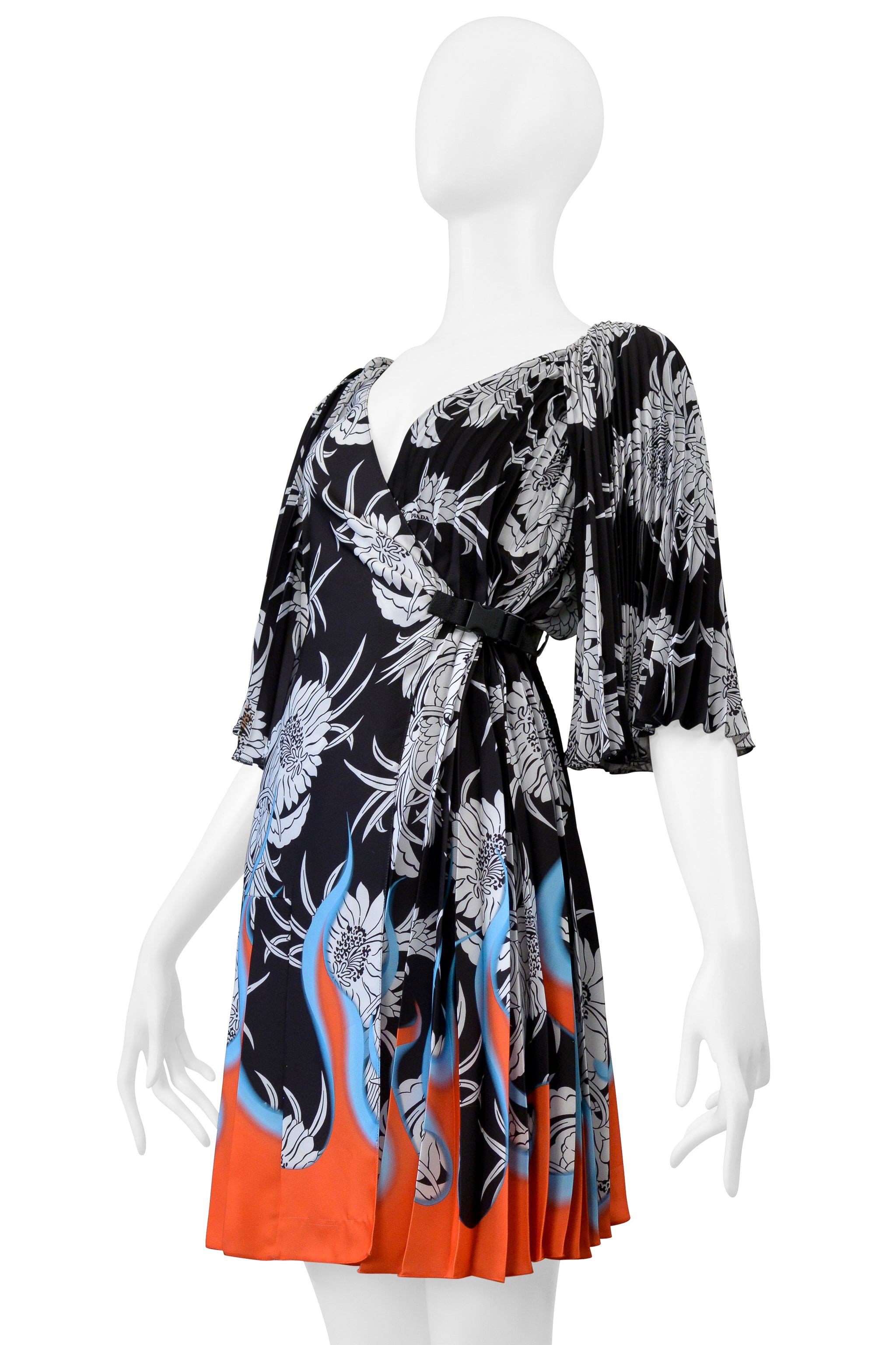 PRADA BLACK, WHITE, FLORAL DRESS WITH FLAMES 2018