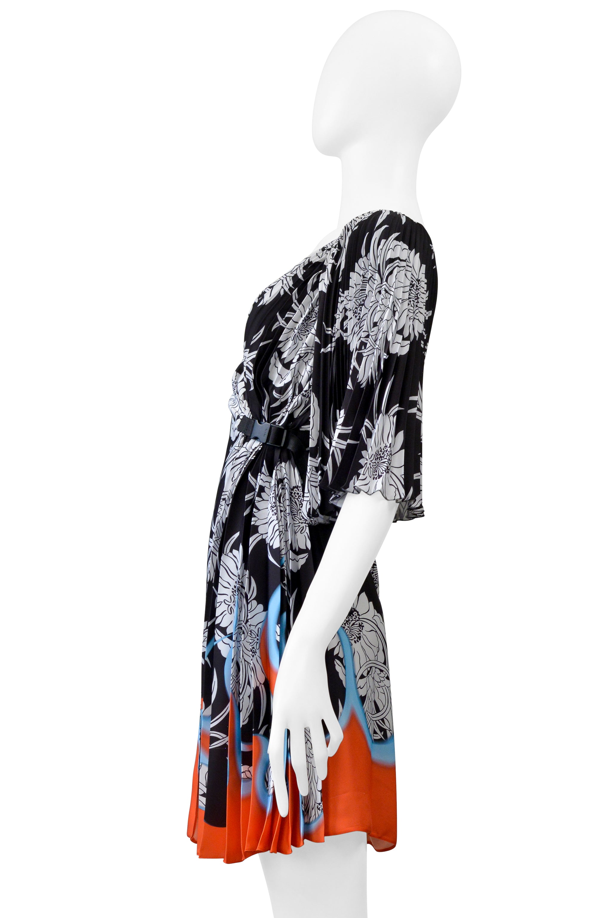 PRADA BLACK, WHITE, FLORAL DRESS WITH FLAMES 2018