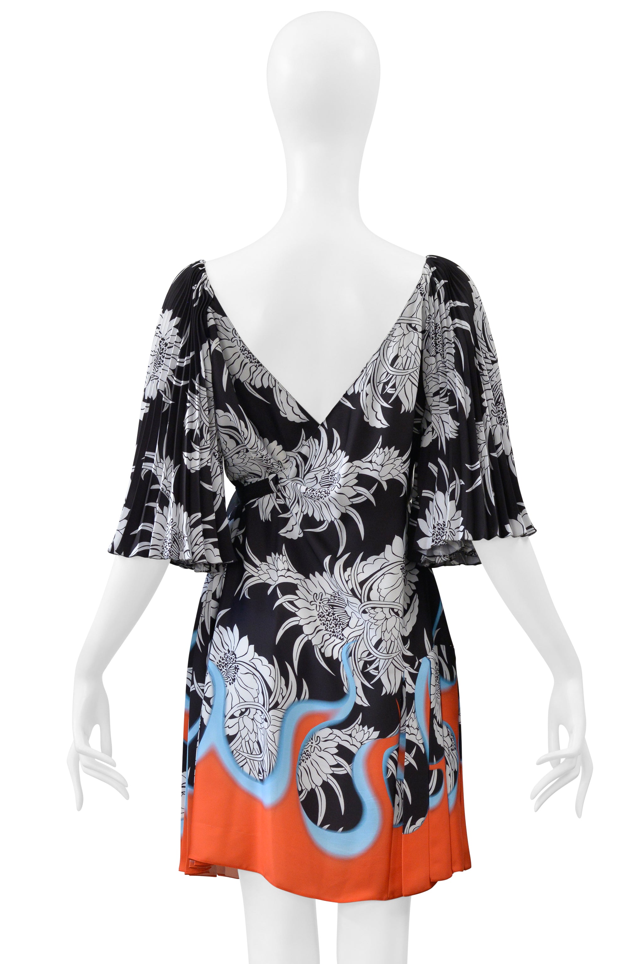 PRADA BLACK, WHITE, FLORAL DRESS WITH FLAMES 2018