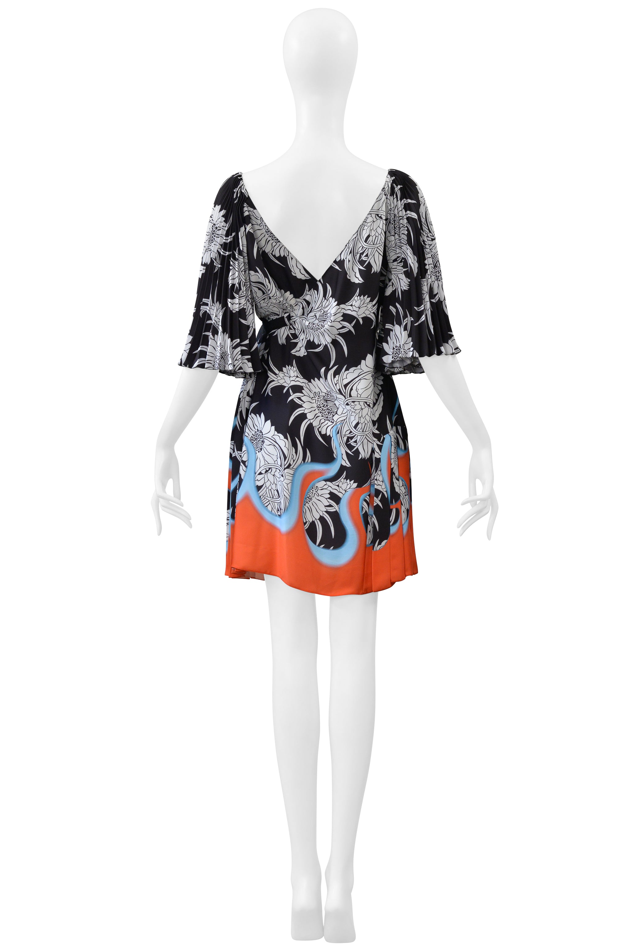 PRADA BLACK, WHITE, FLORAL DRESS WITH FLAMES 2018