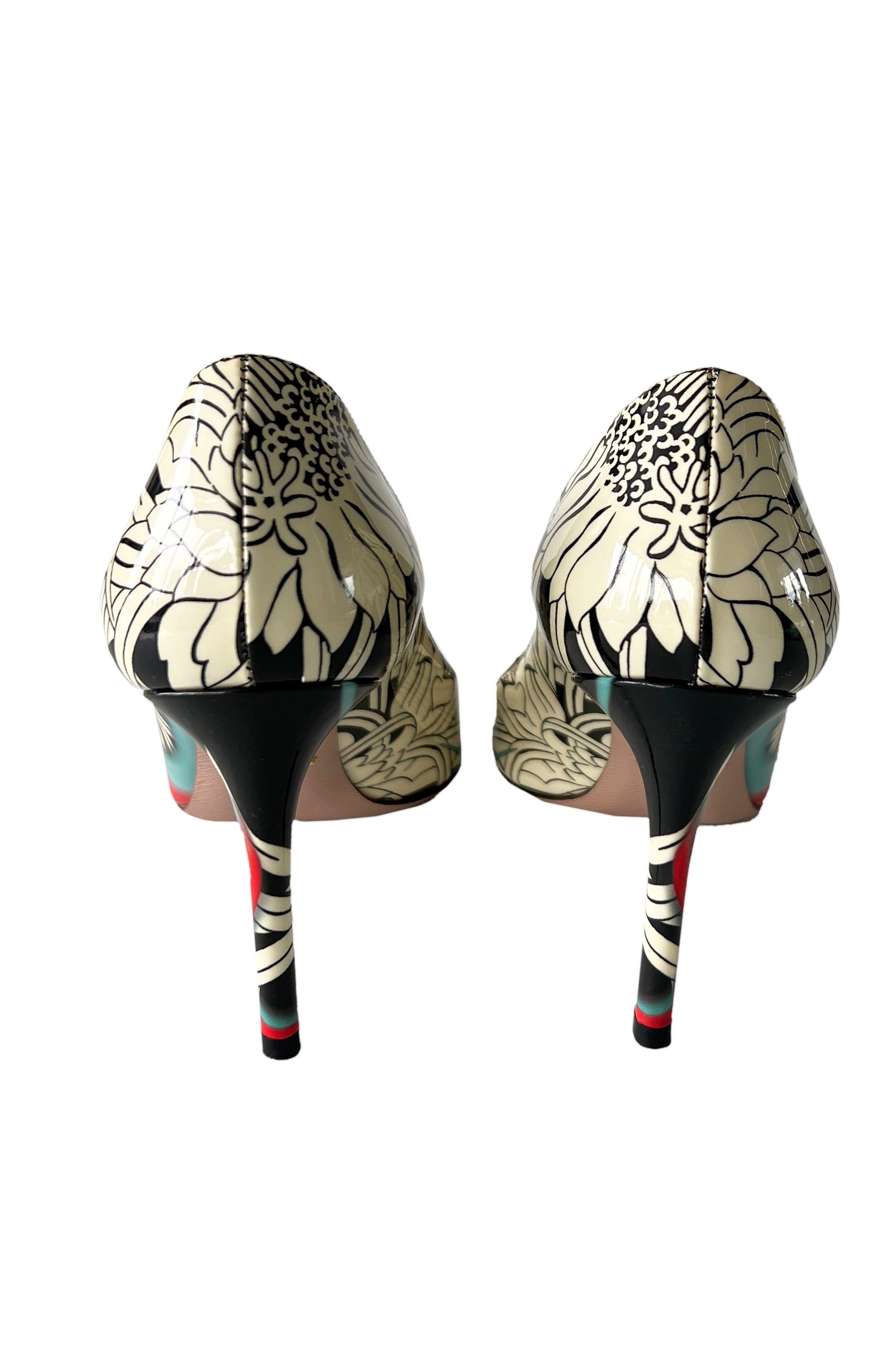 PRADA BLACK, WHITE, FLORAL SHOES WITH FLAMES 2018