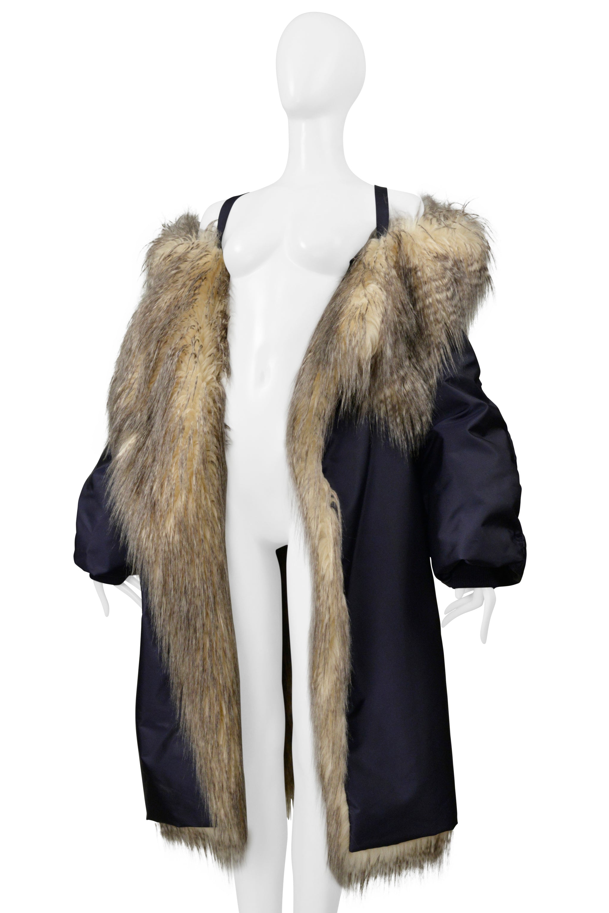 PRADA BY RAF SIMONS BLUE BOMBER COAT WITH FAUX FUR AND HOOD 2021