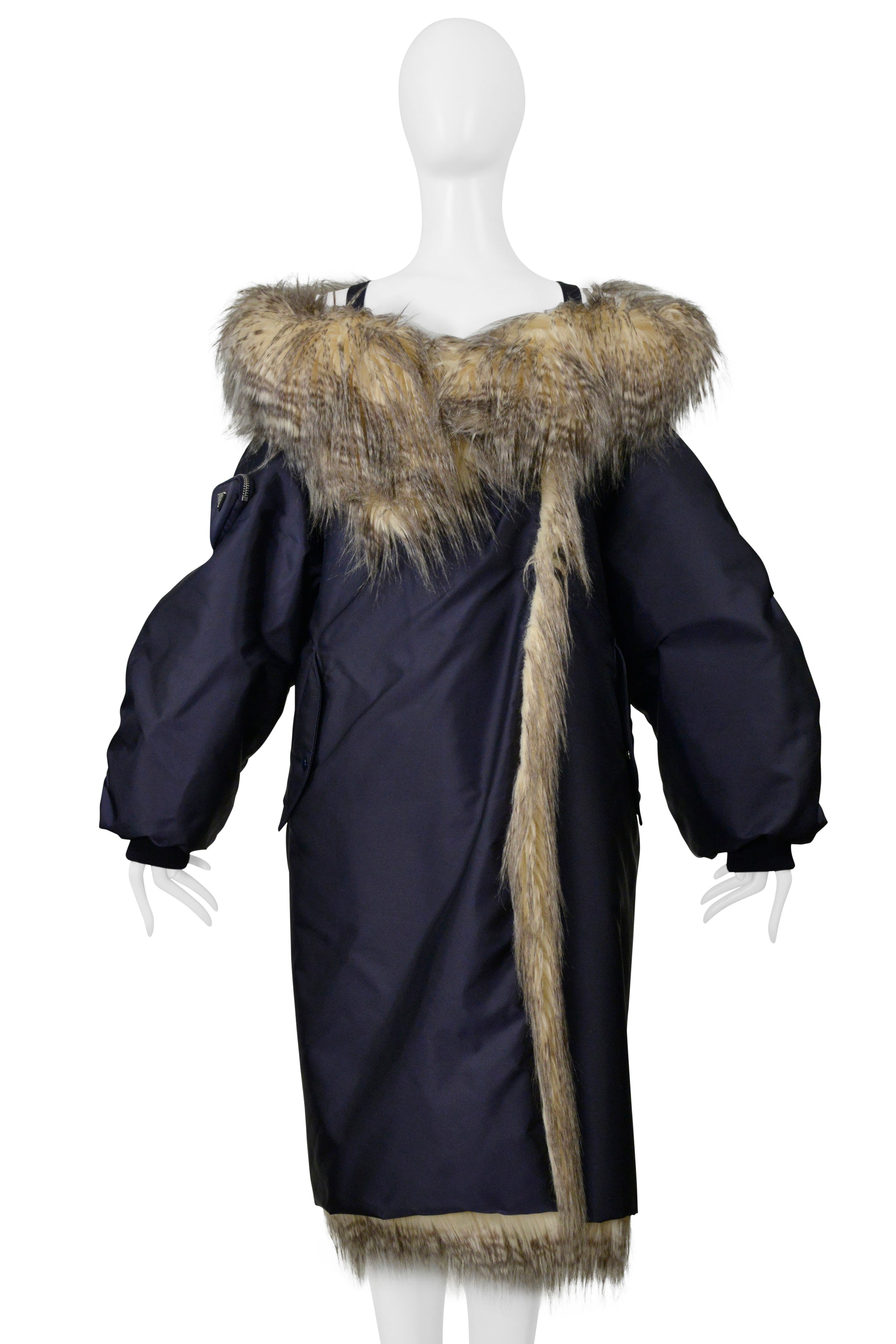 PRADA BY RAF SIMONS BLUE BOMBER COAT WITH FAUX FUR AND HOOD 2021