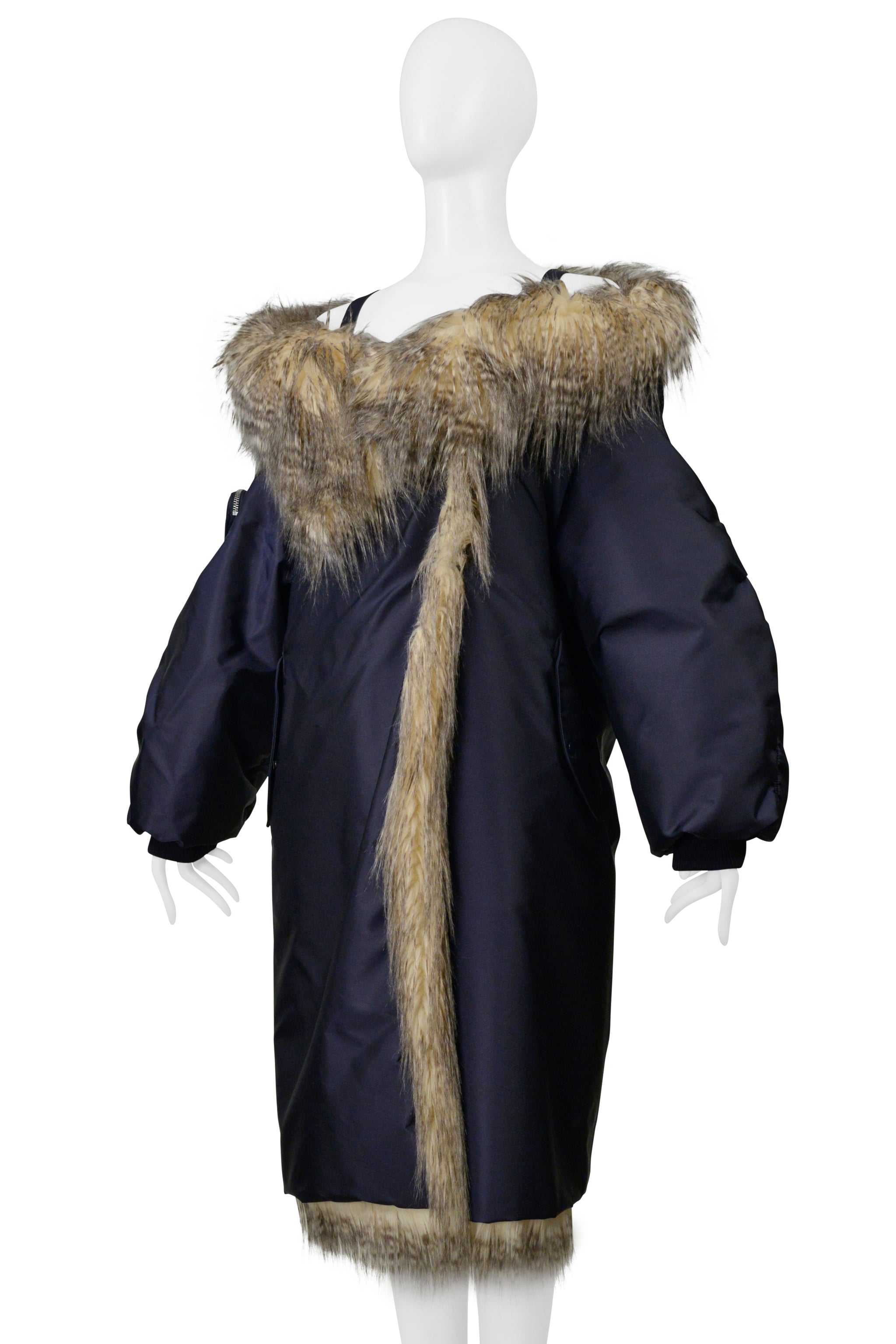 PRADA BY RAF SIMONS BLUE BOMBER COAT WITH FAUX FUR AND HOOD 2021