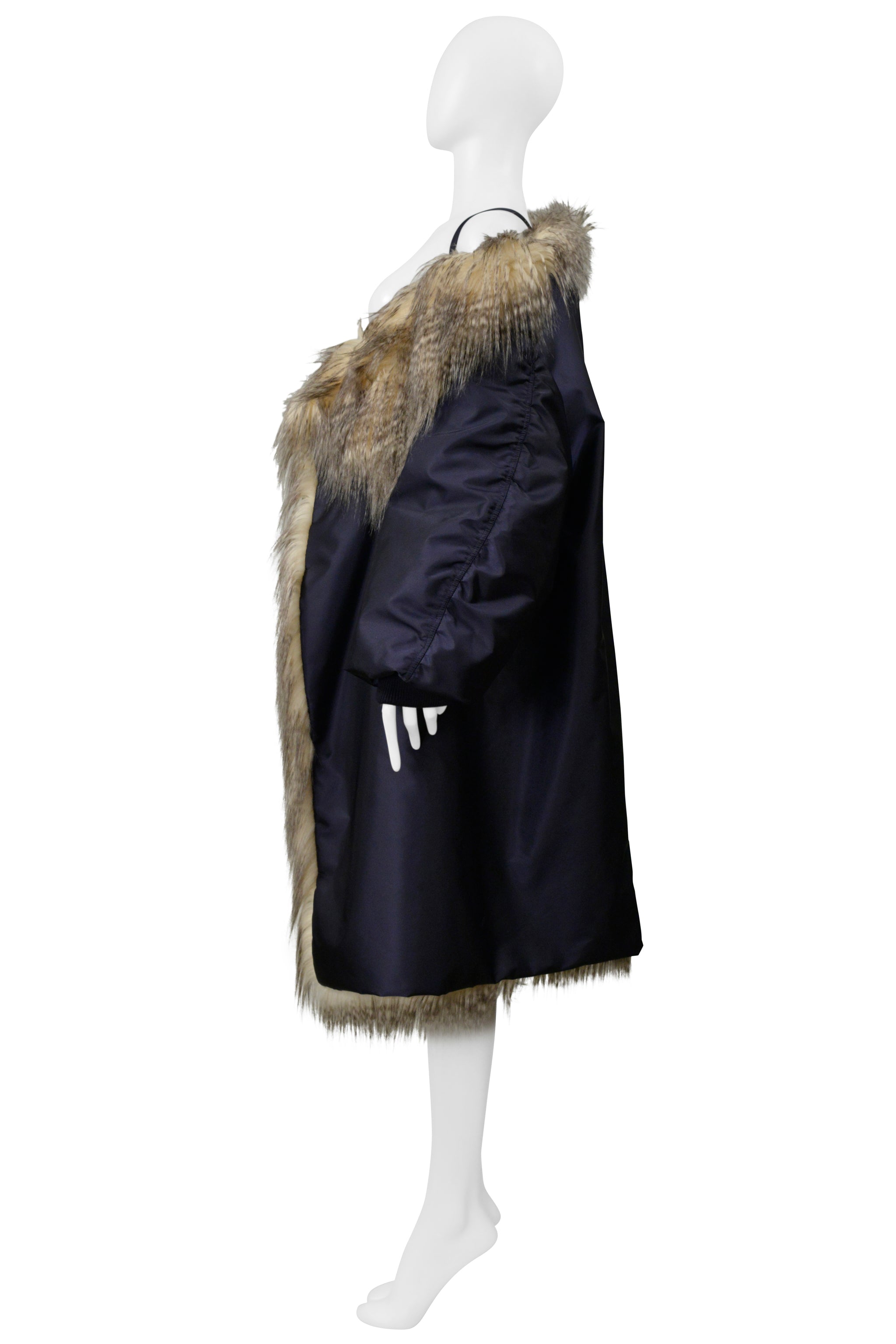 PRADA BY RAF SIMONS BLUE BOMBER COAT WITH FAUX FUR AND HOOD 2021