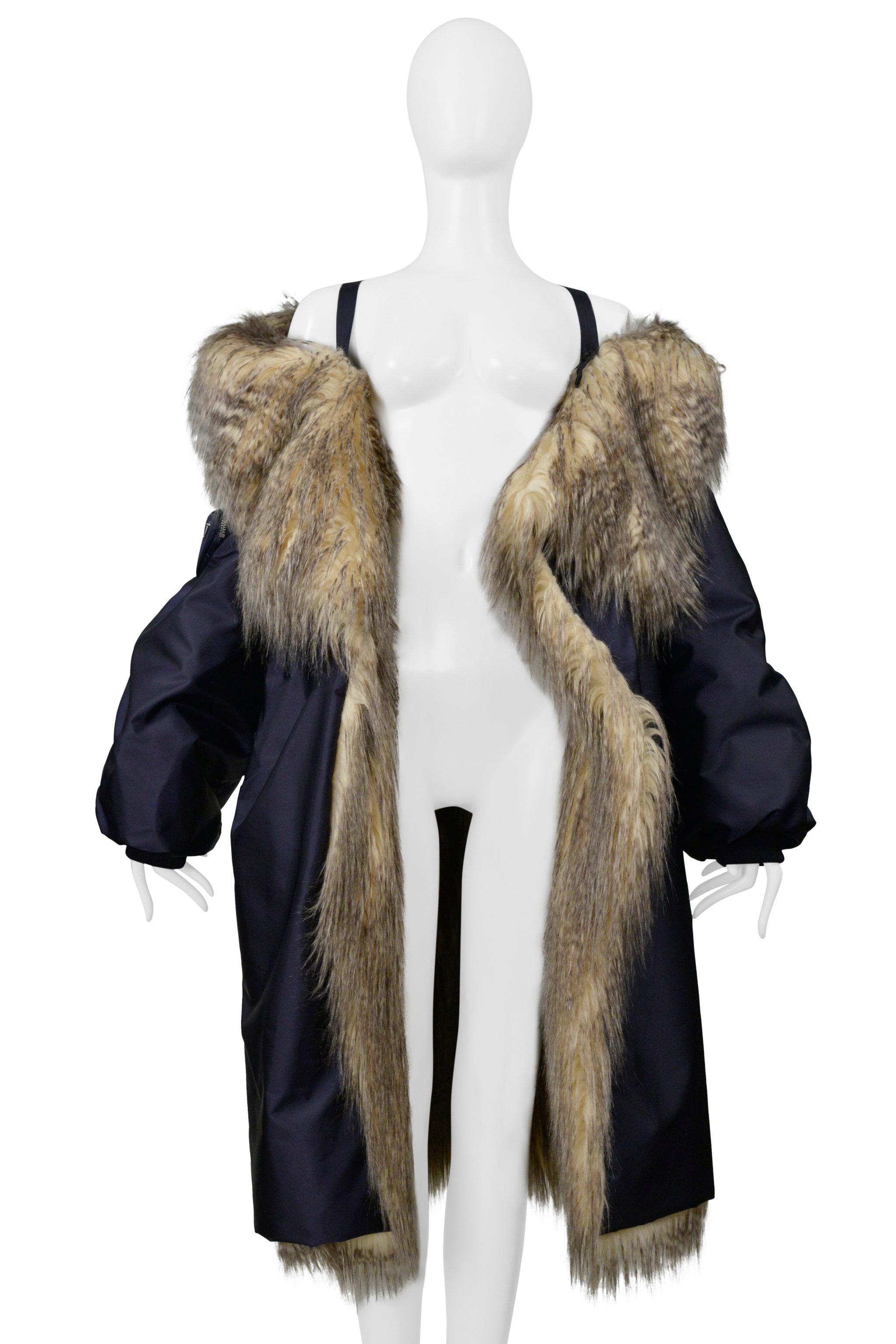 PRADA BY RAF SIMONS BLUE BOMBER COAT WITH FAUX FUR AND HOOD 2021