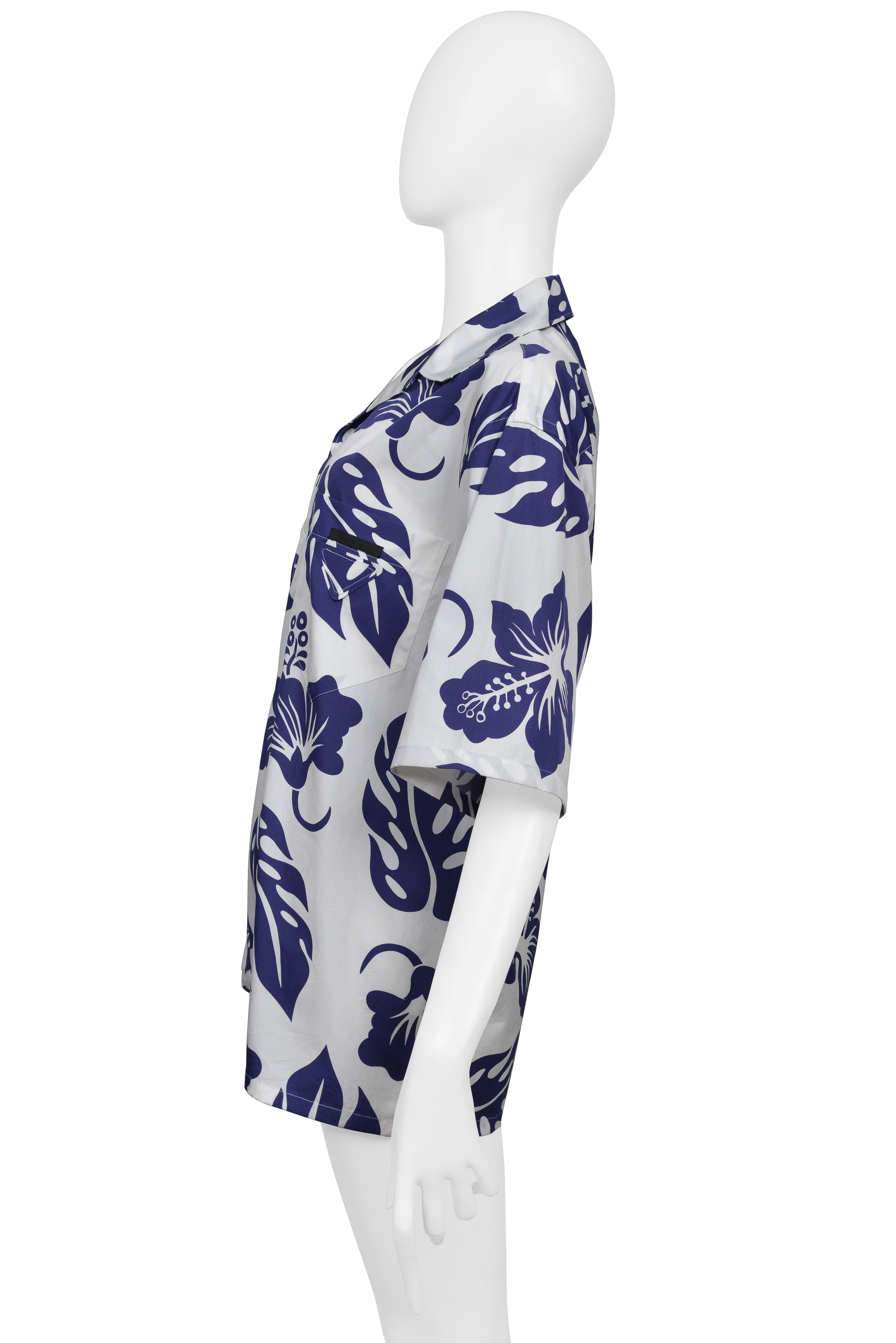 PRADA BLUE AND WHITE HIBISCUS PRINT HAWAIIAN SHIRT 2022
