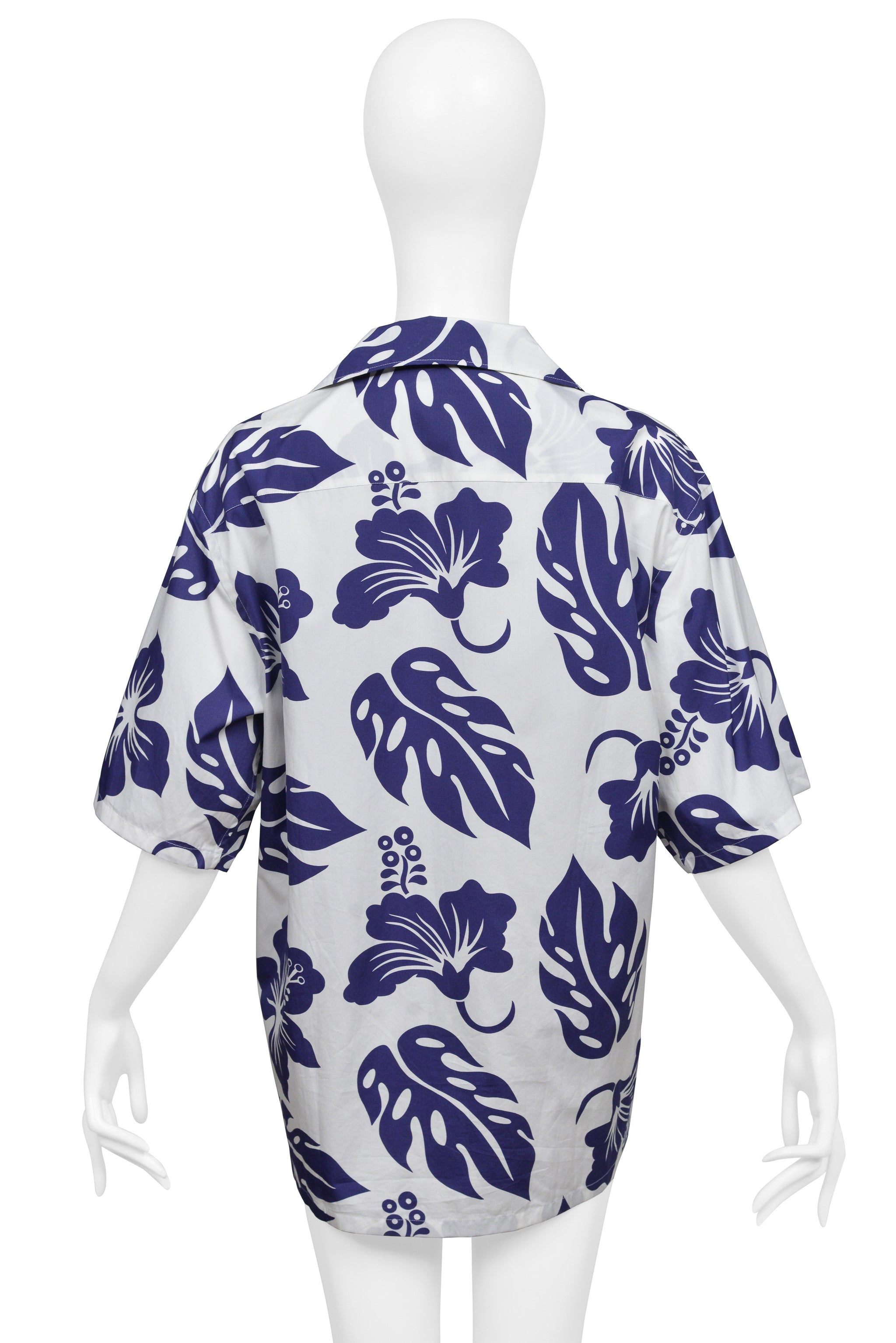 PRADA BLUE AND WHITE HIBISCUS PRINT BOWLING SHIRT 2022